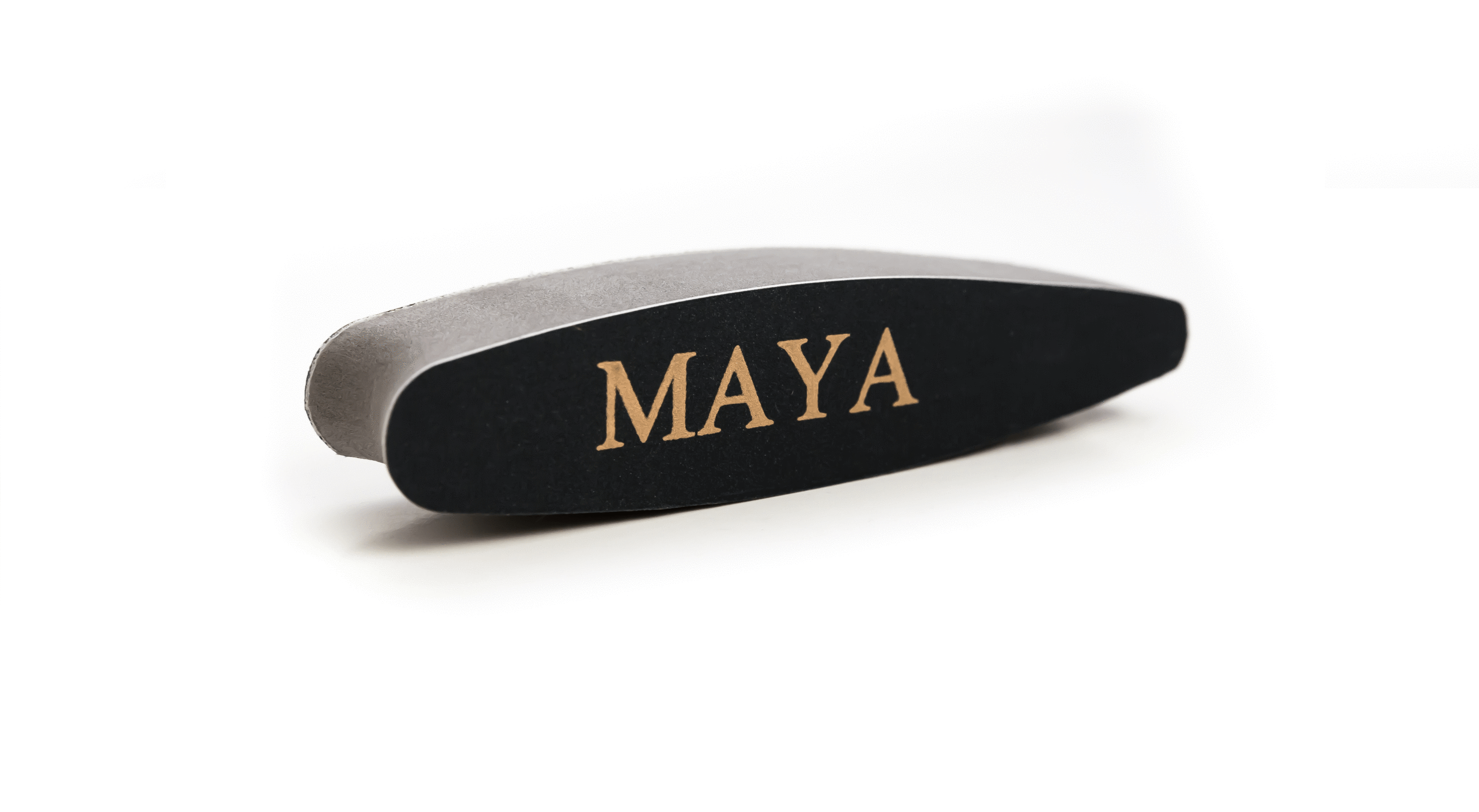 A medium grit oval nail file designed for shaping and repairing nails, featuring a sleek design and ergonomic grip.