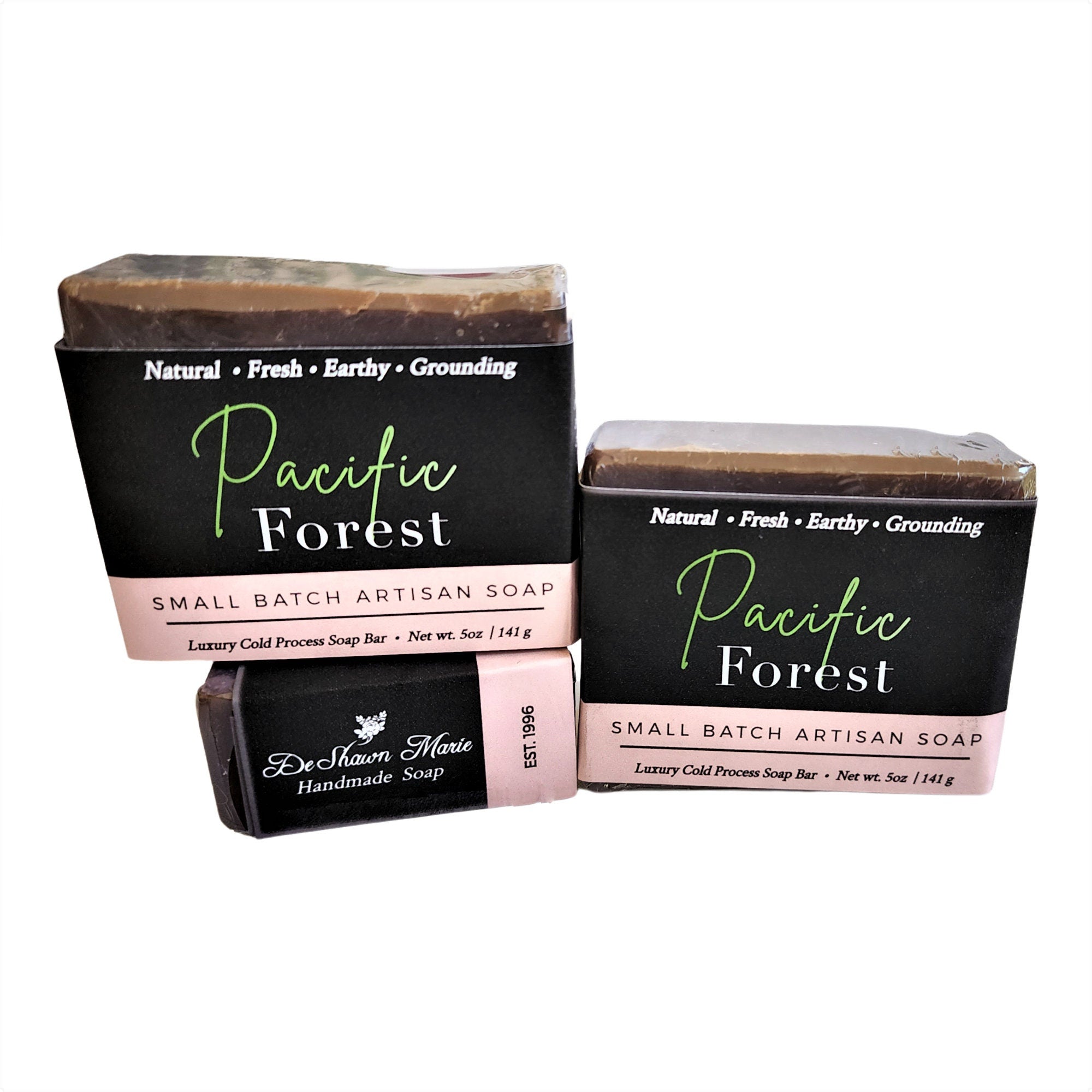 Pacific Forest Soap bar with natural forest-inspired design, showcasing its vegan and cruelty-free attributes.