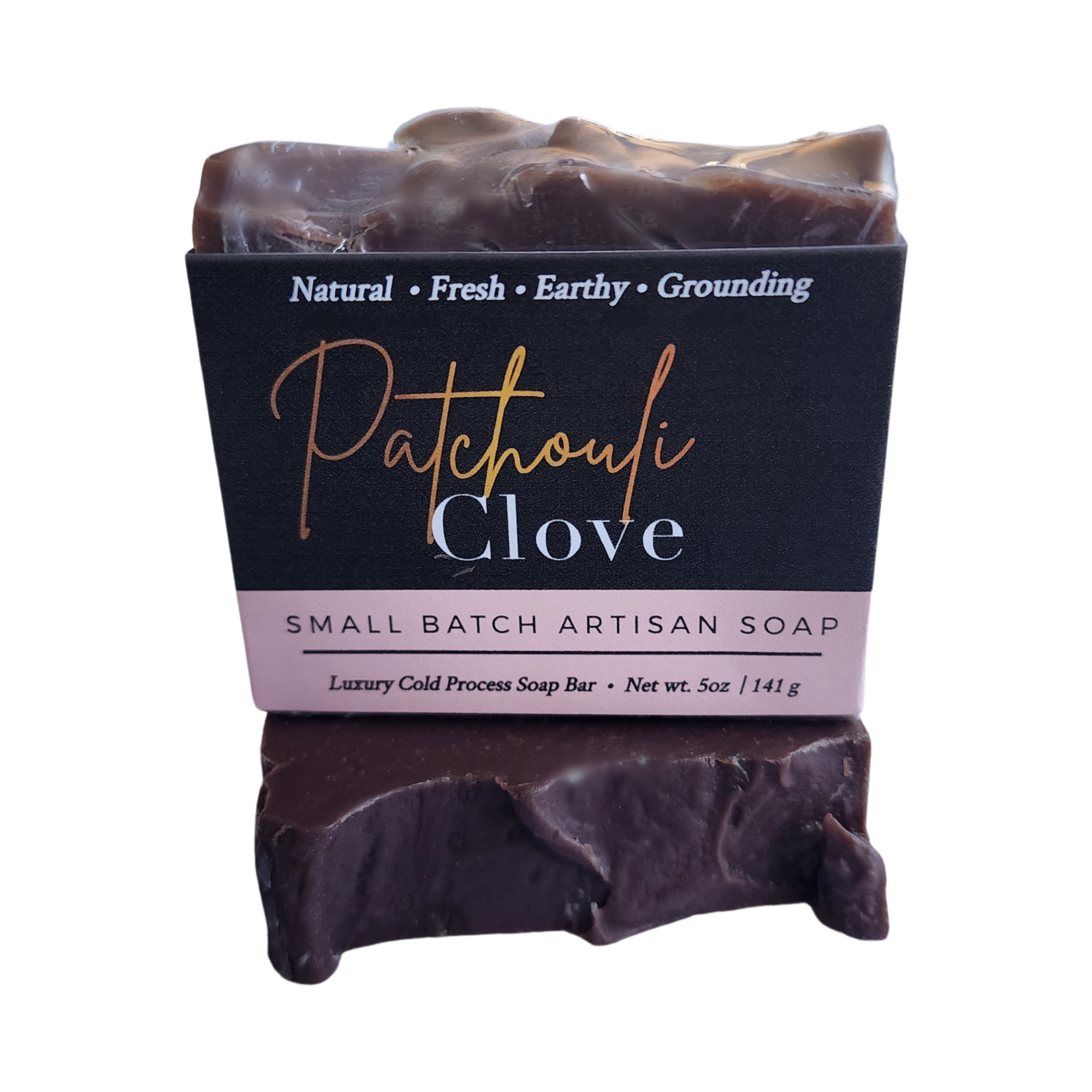 Patchouli Clove Soap bar with organic ingredients, showcasing its earthy color and texture.