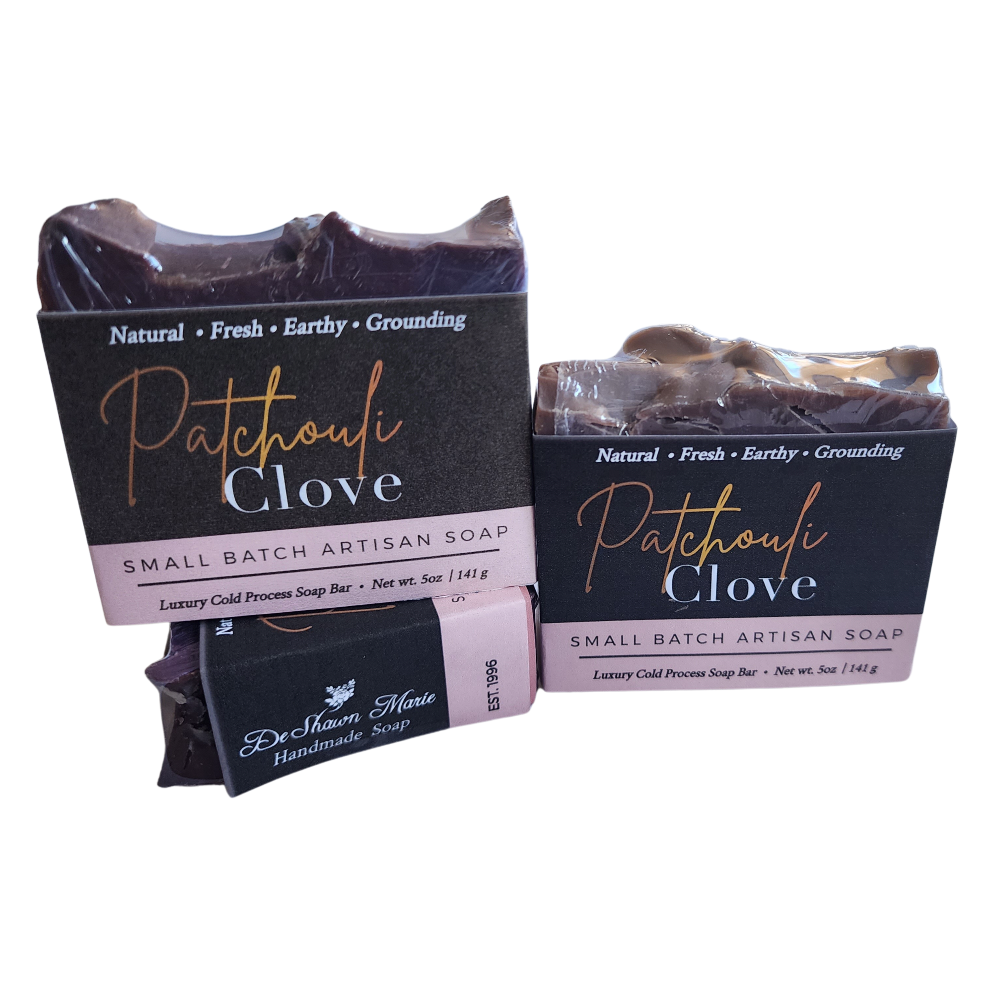 Patchouli Clove Soap bar with organic ingredients, showcasing its earthy color and texture.