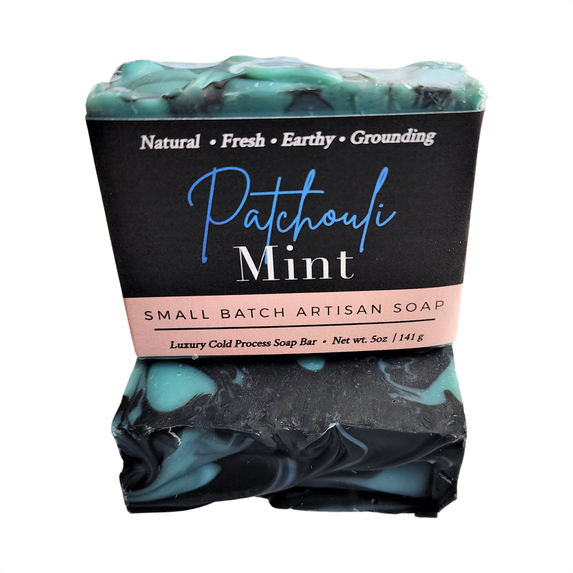 Patchouli Mint Soap bar with blue clay and activated charcoal, showcasing its rich texture and natural ingredients.