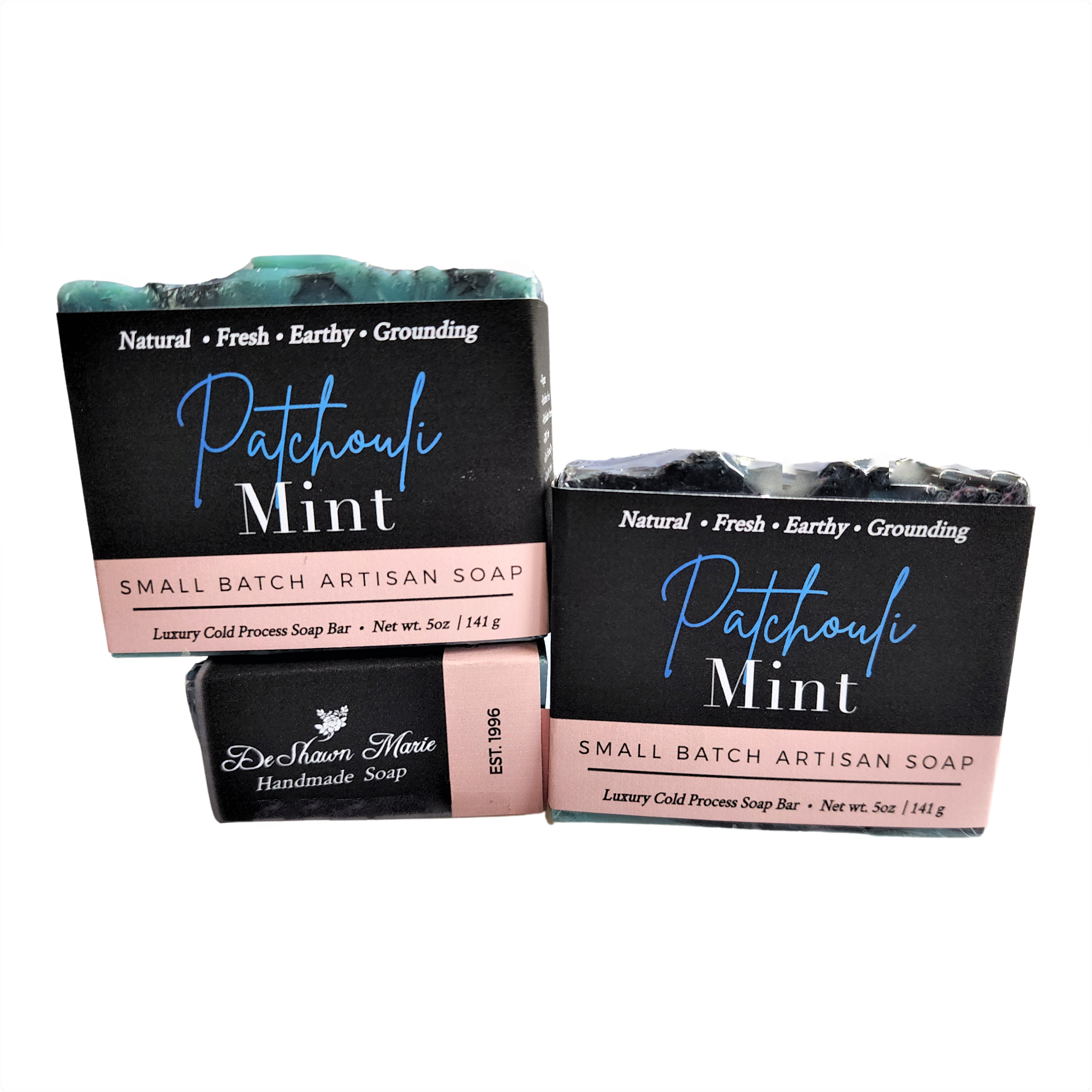 Patchouli Mint Soap bar with blue clay and activated charcoal, showcasing its rich texture and natural ingredients.