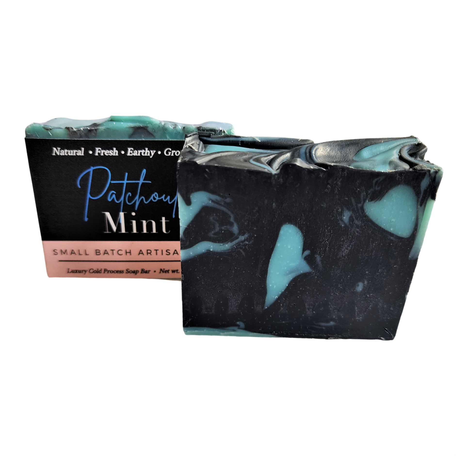 Patchouli Mint Soap bar with blue clay and activated charcoal, showcasing its rich texture and natural ingredients.