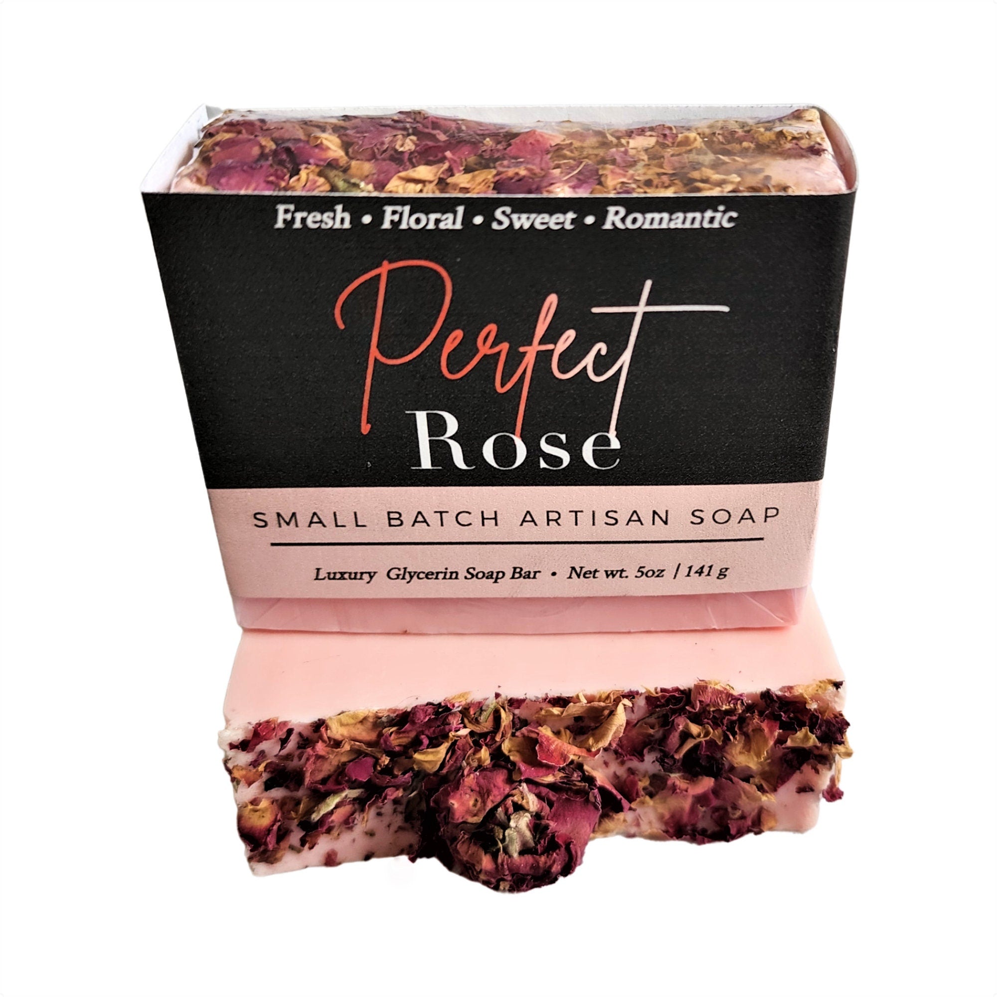 Perfect Rose Soap bar with a creamy texture and romantic rose scent, beautifully wrapped and labeled.