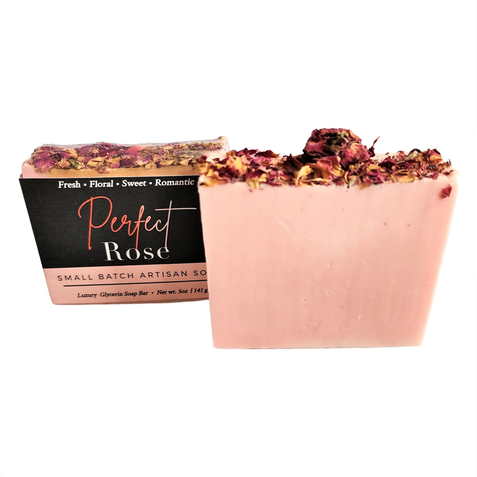 Perfect Rose Soap bar with a creamy texture and romantic rose scent, beautifully wrapped and labeled.