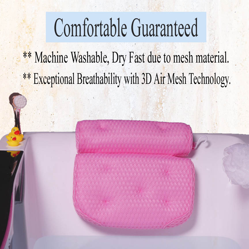 A luxurious pink bathtub pillow with ergonomic design, featuring soft mesh fabric and non-slip suction cups for ultimate comfort.