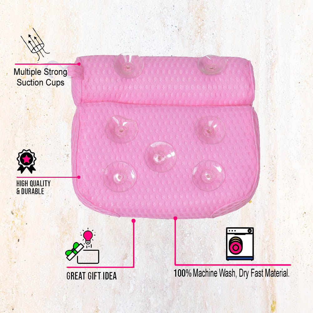 A luxurious pink bathtub pillow with ergonomic design, featuring soft mesh fabric and non-slip suction cups for ultimate comfort.