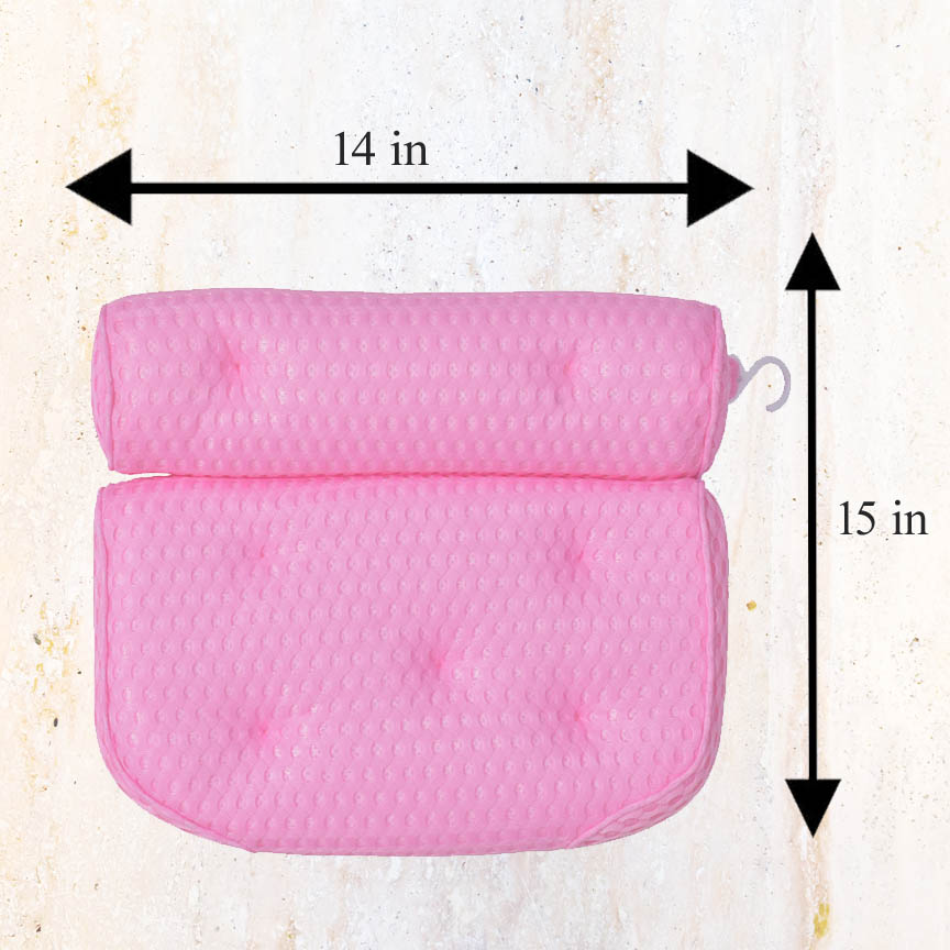 A luxurious pink bathtub pillow with ergonomic design, featuring soft mesh fabric and non-slip suction cups for ultimate comfort.