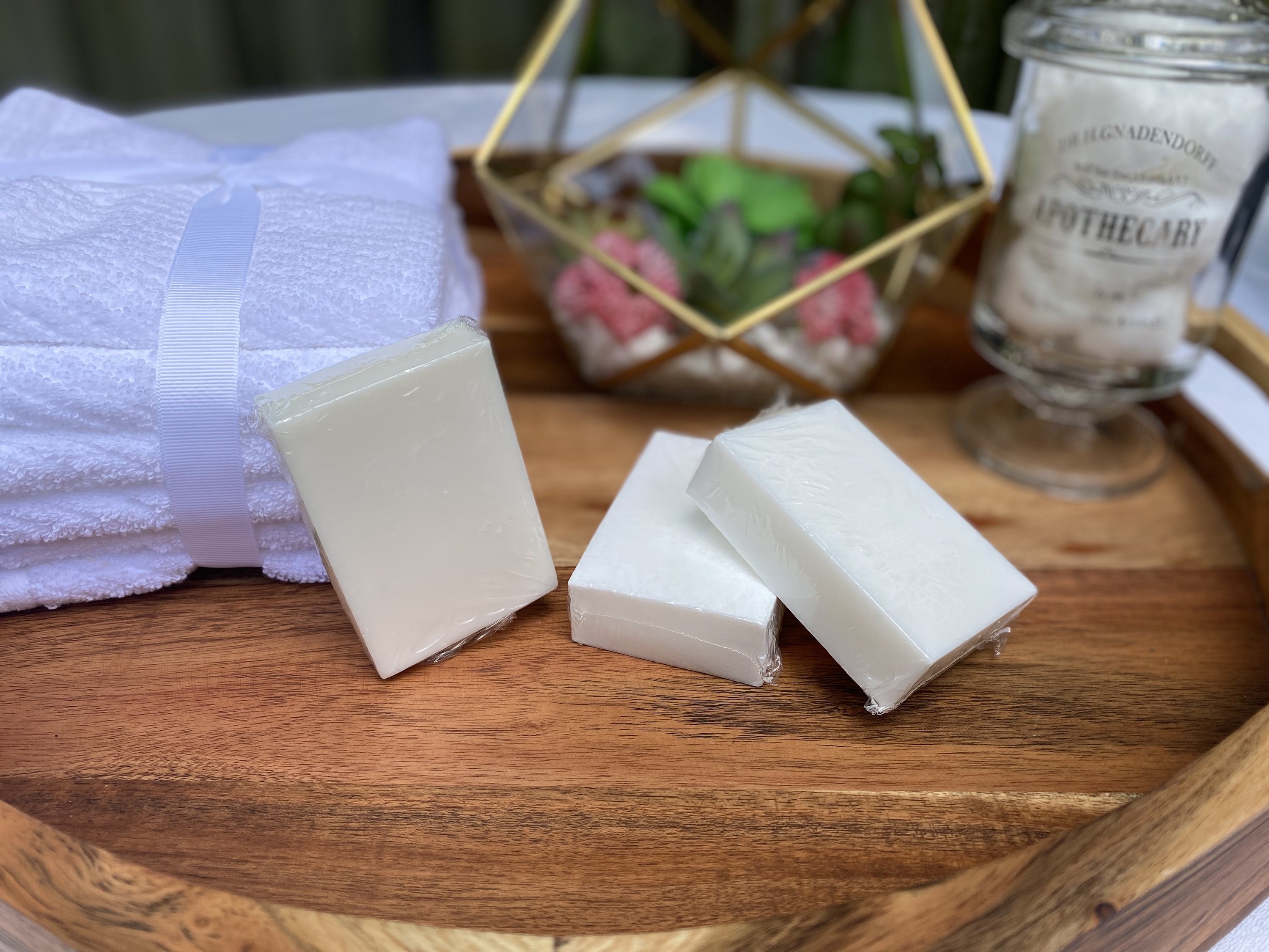 Plant Based Laundry & Dish Soap Bars made from 100% coconut oil, displayed on a wooden surface with a soap dish.