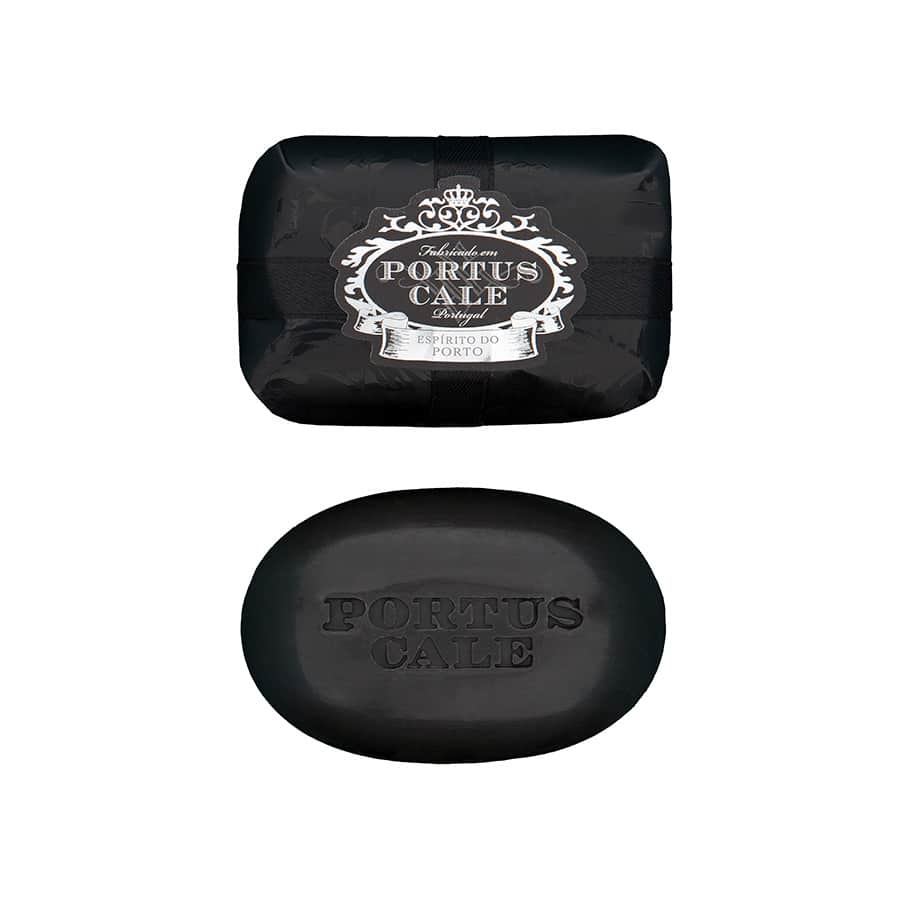 Portus Cale Black Edition Soap 150g wrapped in elegant black paper with silver accents, showcasing its luxurious design.