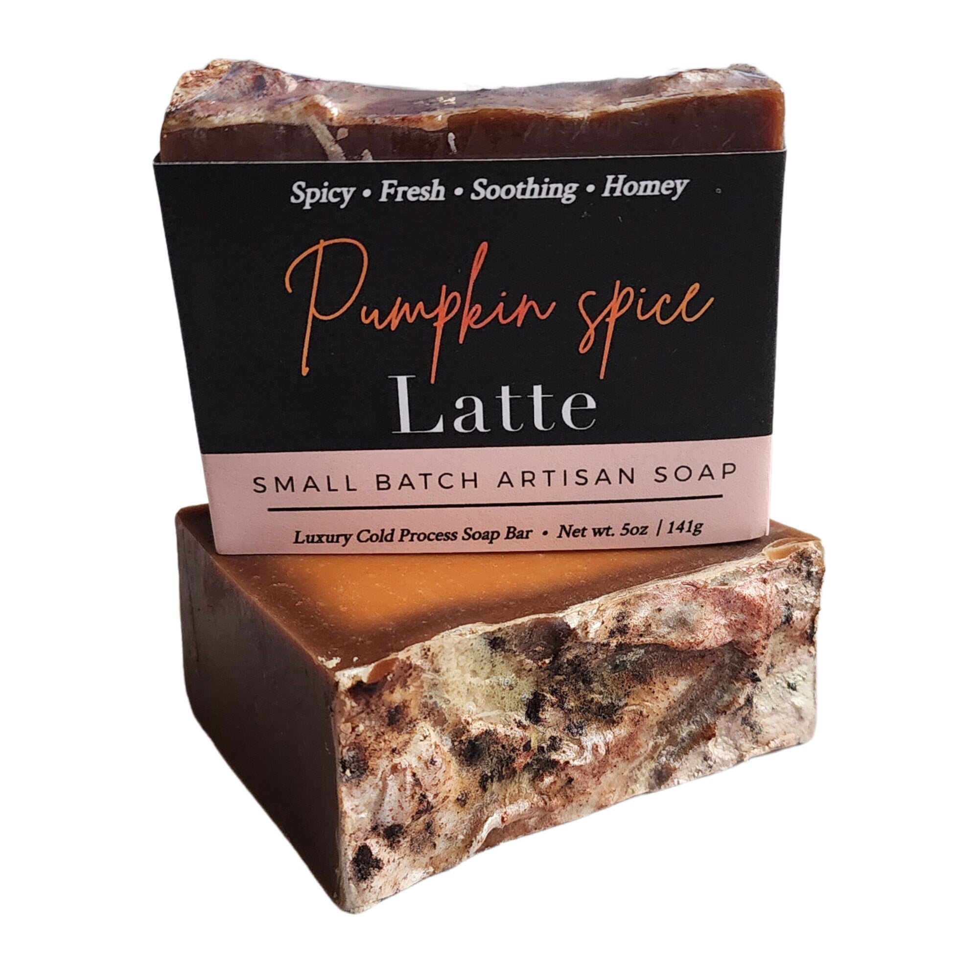 A beautifully crafted Pumpkin Spice Latte Soap bar with warm autumn colors and spices, perfect for a cozy shower experience.