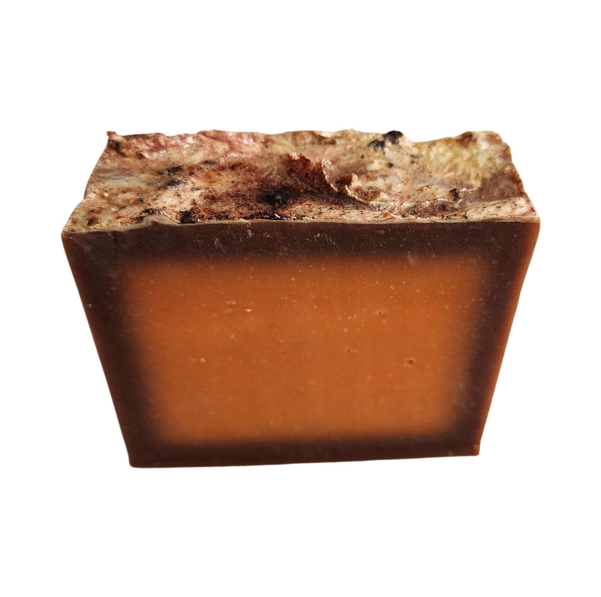 A beautifully crafted Pumpkin Spice Latte Soap bar with warm autumn colors and spices, perfect for a cozy shower experience.