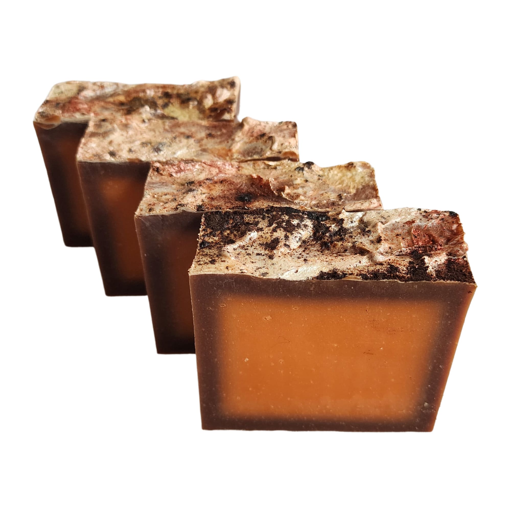 A beautifully crafted Pumpkin Spice Latte Soap bar with warm autumn colors and spices, perfect for a cozy shower experience.