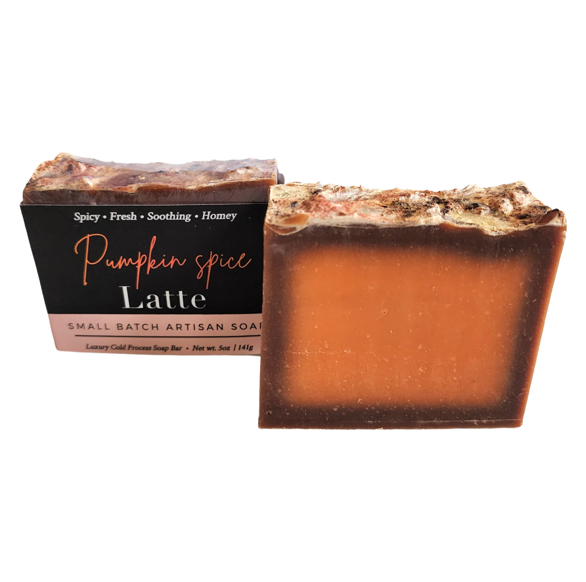 A beautifully crafted Pumpkin Spice Latte Soap bar with warm autumn colors and spices, perfect for a cozy shower experience.