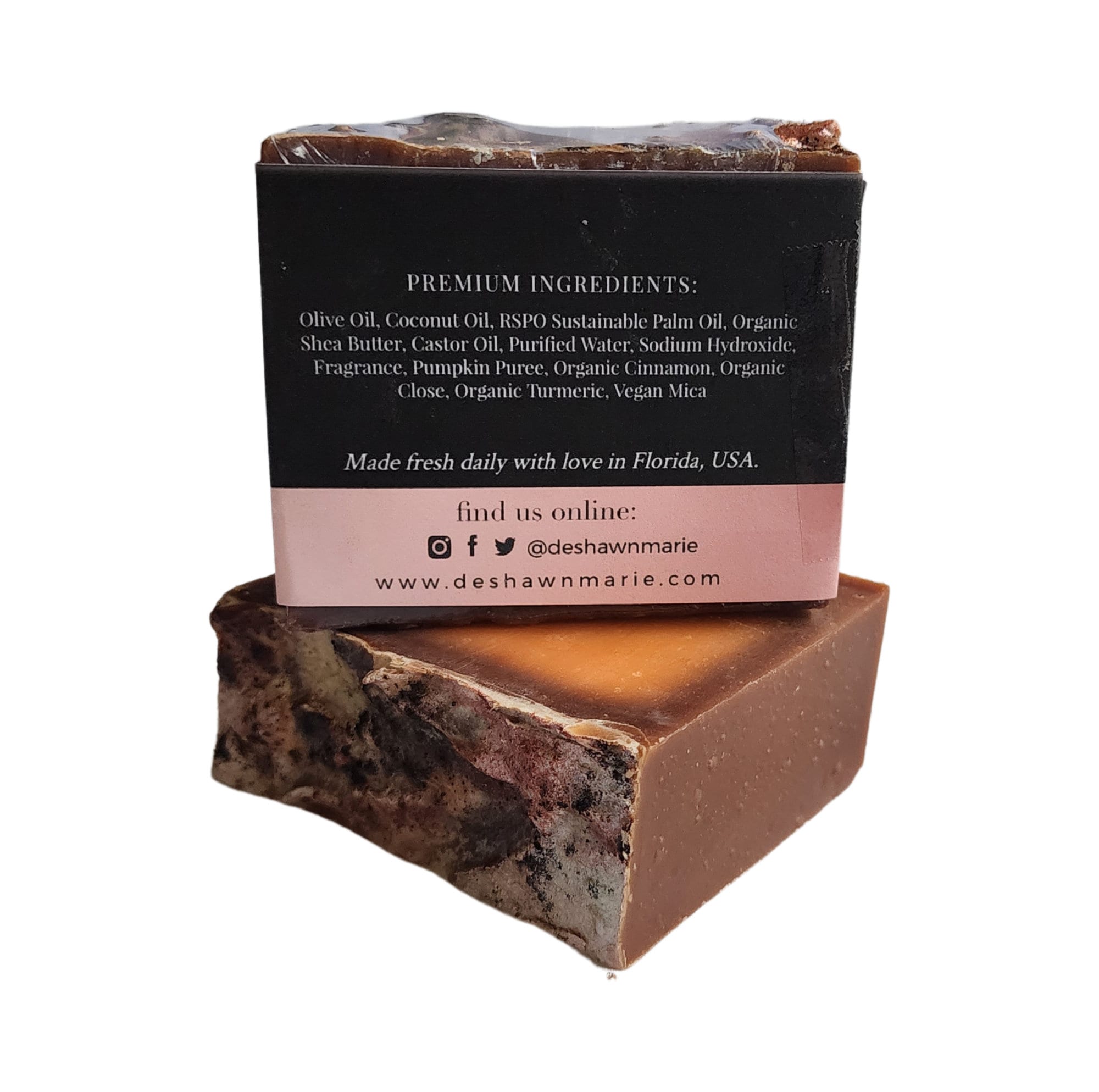 A beautifully crafted Pumpkin Spice Latte Soap bar with warm autumn colors and spices, perfect for a cozy shower experience.