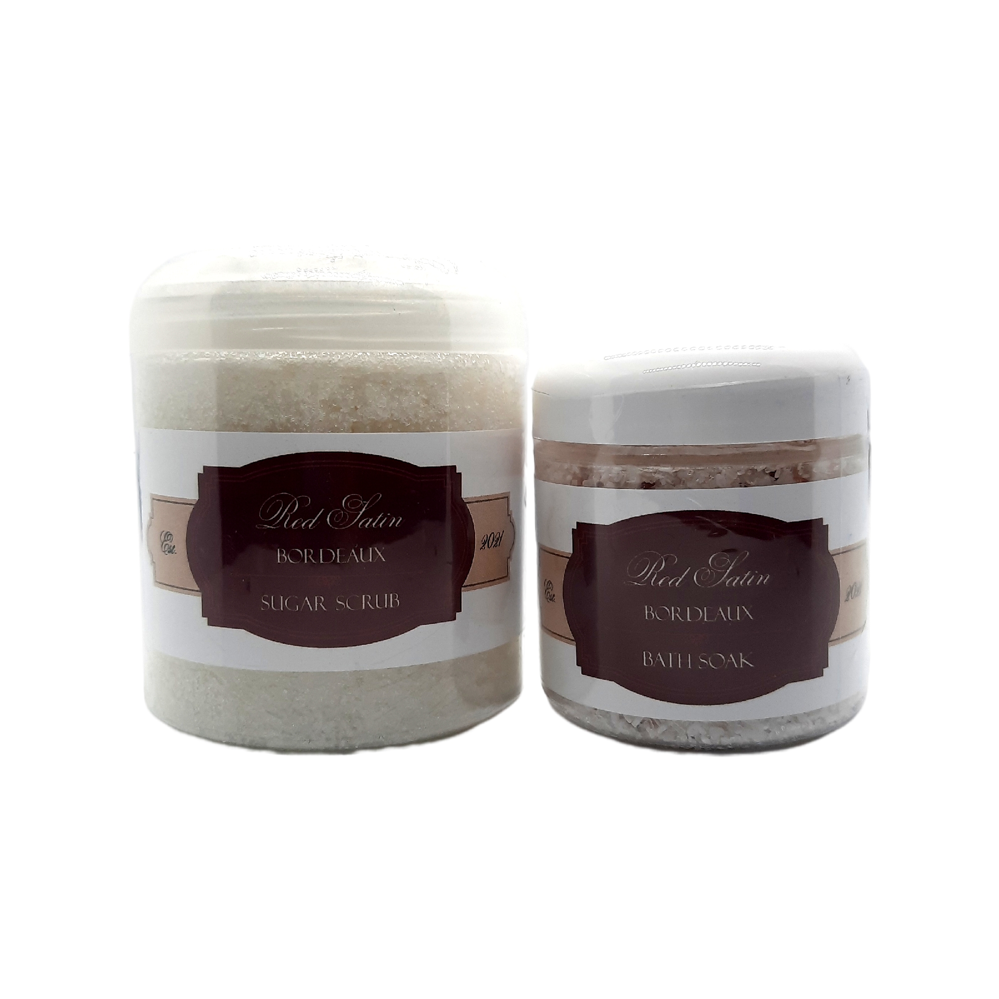 Red Satin Bordeaux Scrub & Bath Soak Bundle featuring luxurious organic ingredients and a unique scent blend.