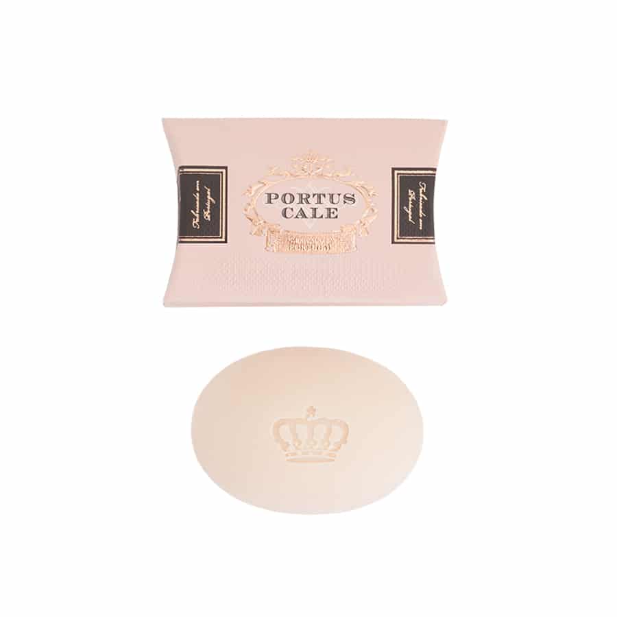 Rose Blush Soap wrapped in elegant pink paper with golden and ebony designs, showcasing its luxurious appearance.