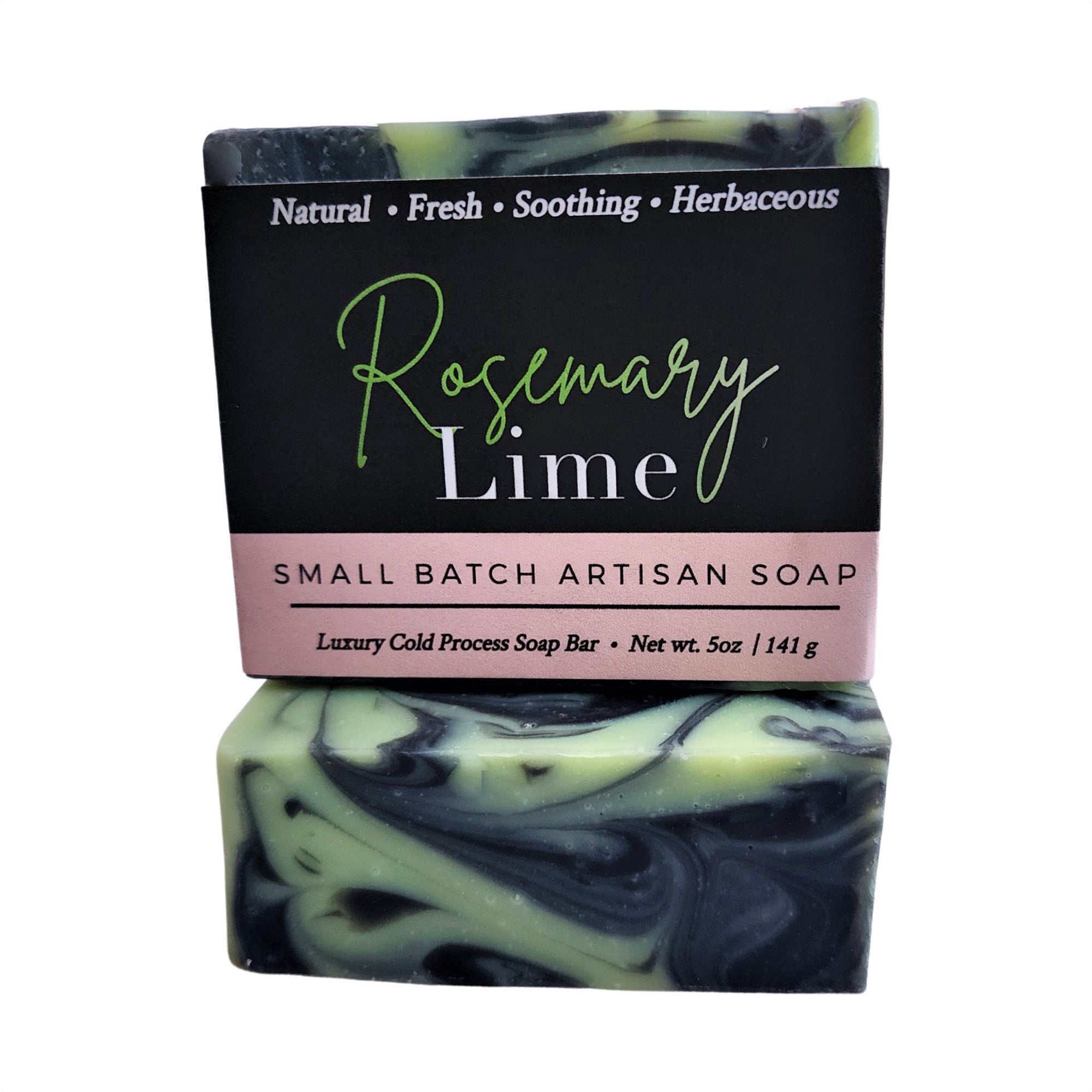 Rosemary Lime Soap bar with a vibrant green hue, showcasing its luxurious texture and natural ingredients, wrapped elegantly.