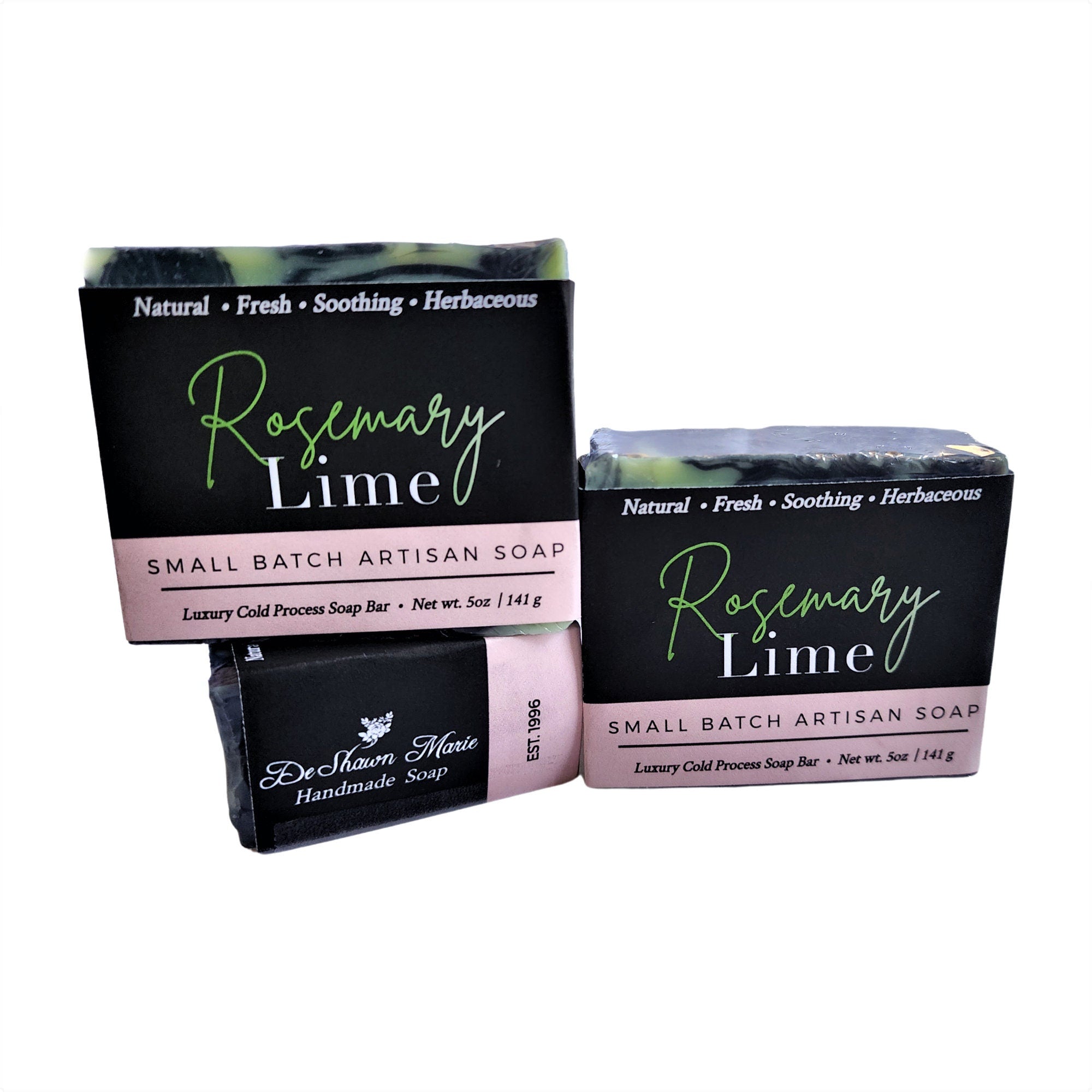 Rosemary Lime Soap bar with a vibrant green hue, showcasing its luxurious texture and natural ingredients, wrapped elegantly.