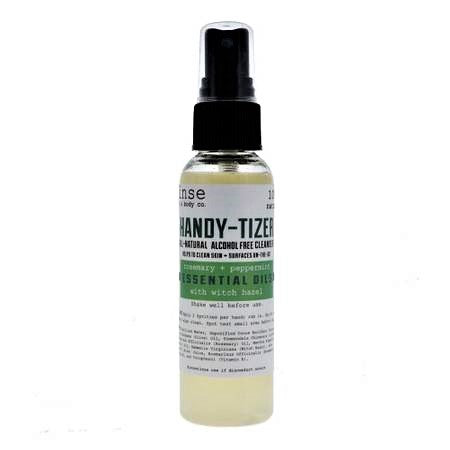 Rosemary Mint Handy-tizer spray bottle with natural ingredients, featuring rosemary and peppermint essential oils.