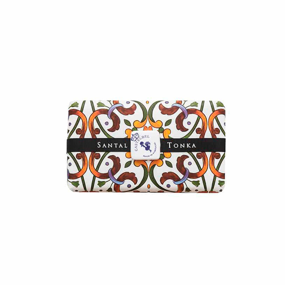 Santal Tonka Soap 200g, elegantly wrapped with tile motifs and ribbon, showcasing its luxurious design.