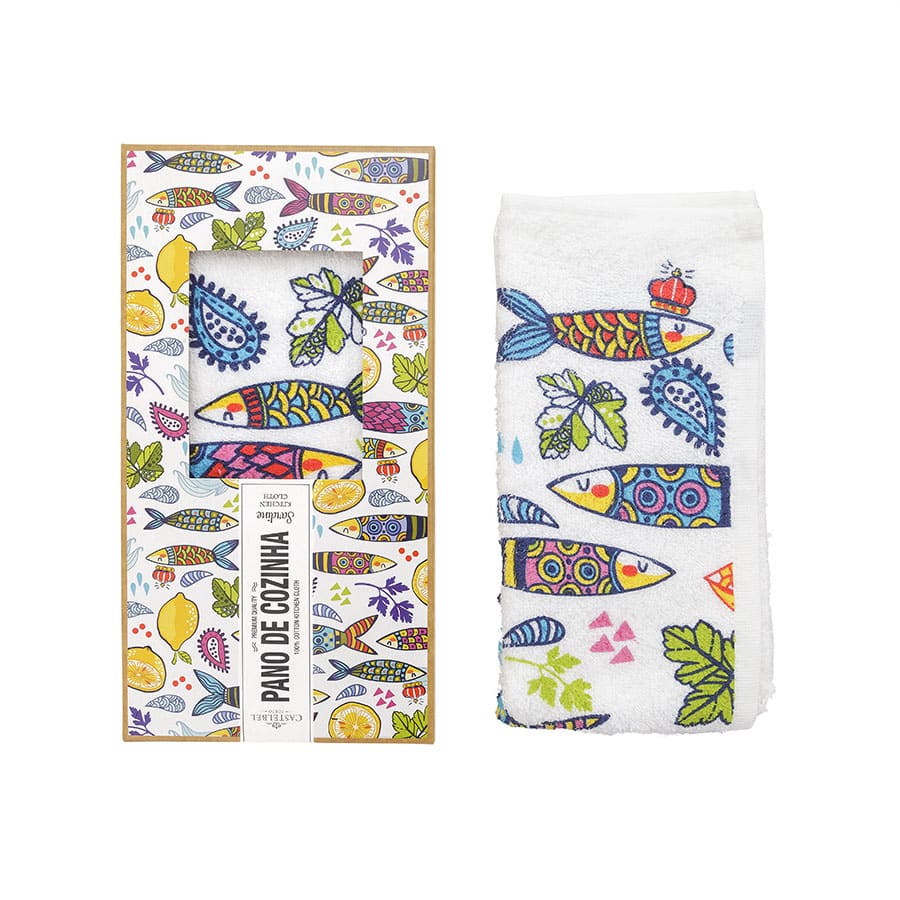 A Sardine Kitchen Cloth made of 100% cotton featuring colorful illustrations of sardines, perfect for kitchen use.