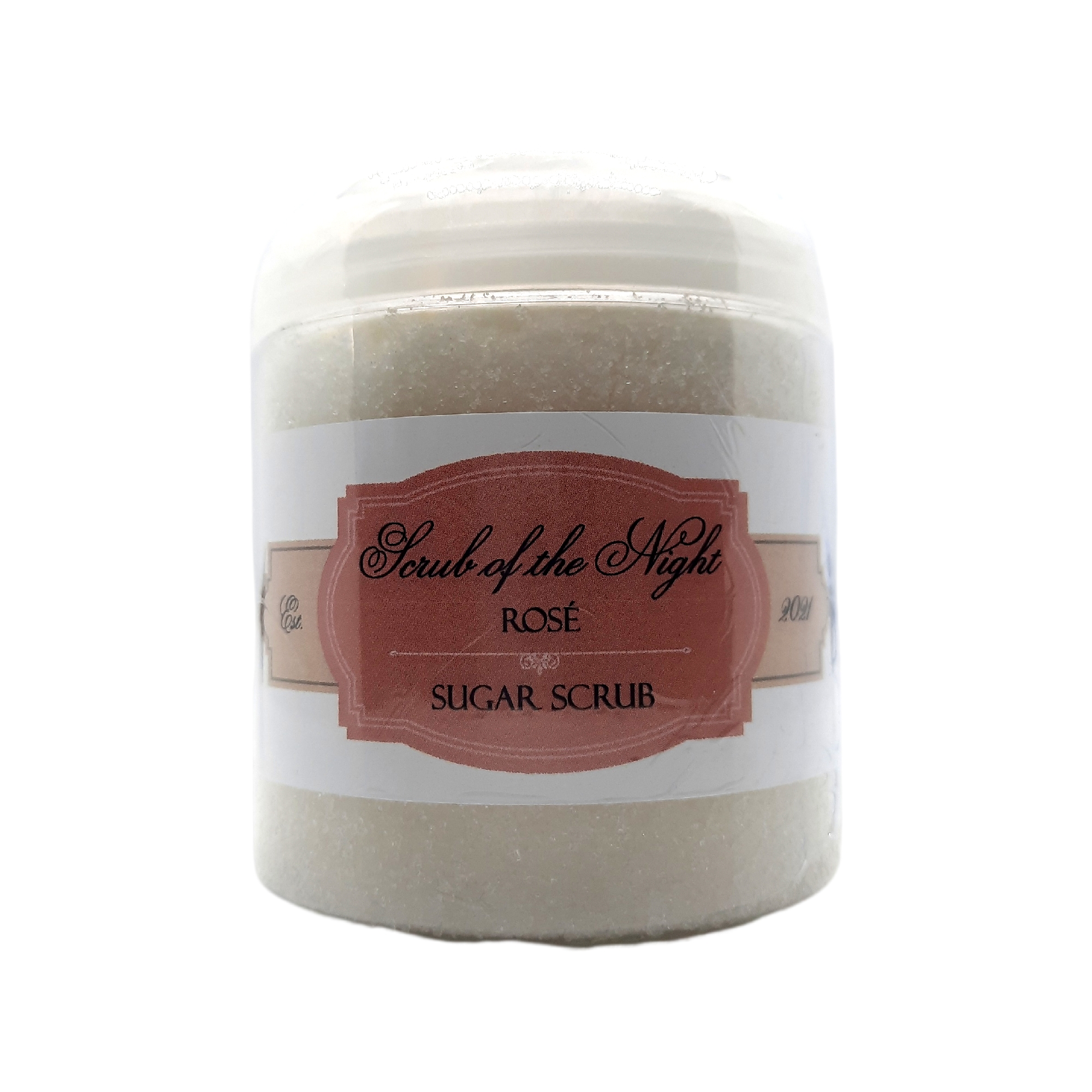 A jar of 'Scrub of the Night Rose' Sugar Scrub with a floral design, showcasing its luxurious texture and natural ingredients.