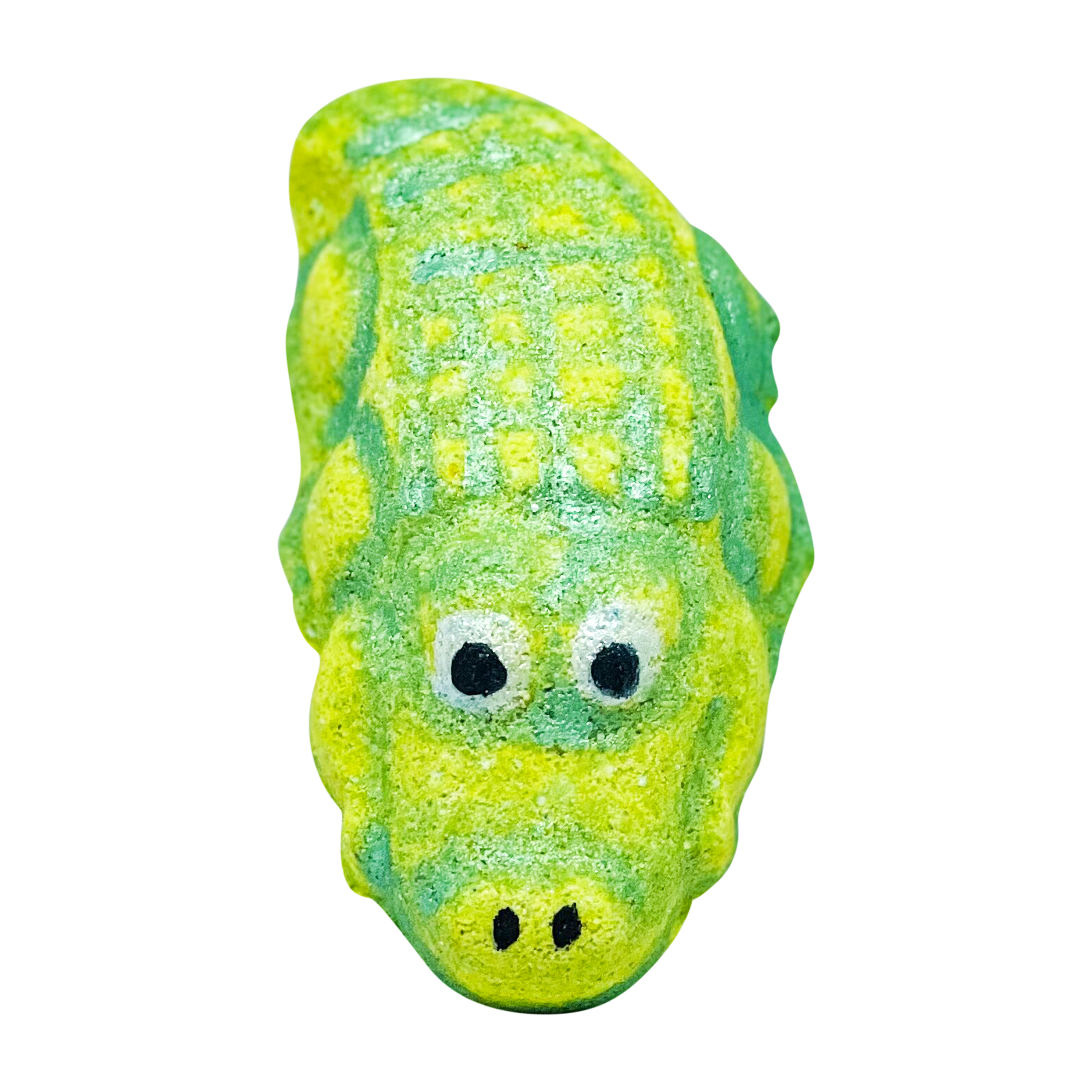 See You Later Alligator Kids Bath Bomb in vibrant green color with alligator design, surrounded by water and bubbles.