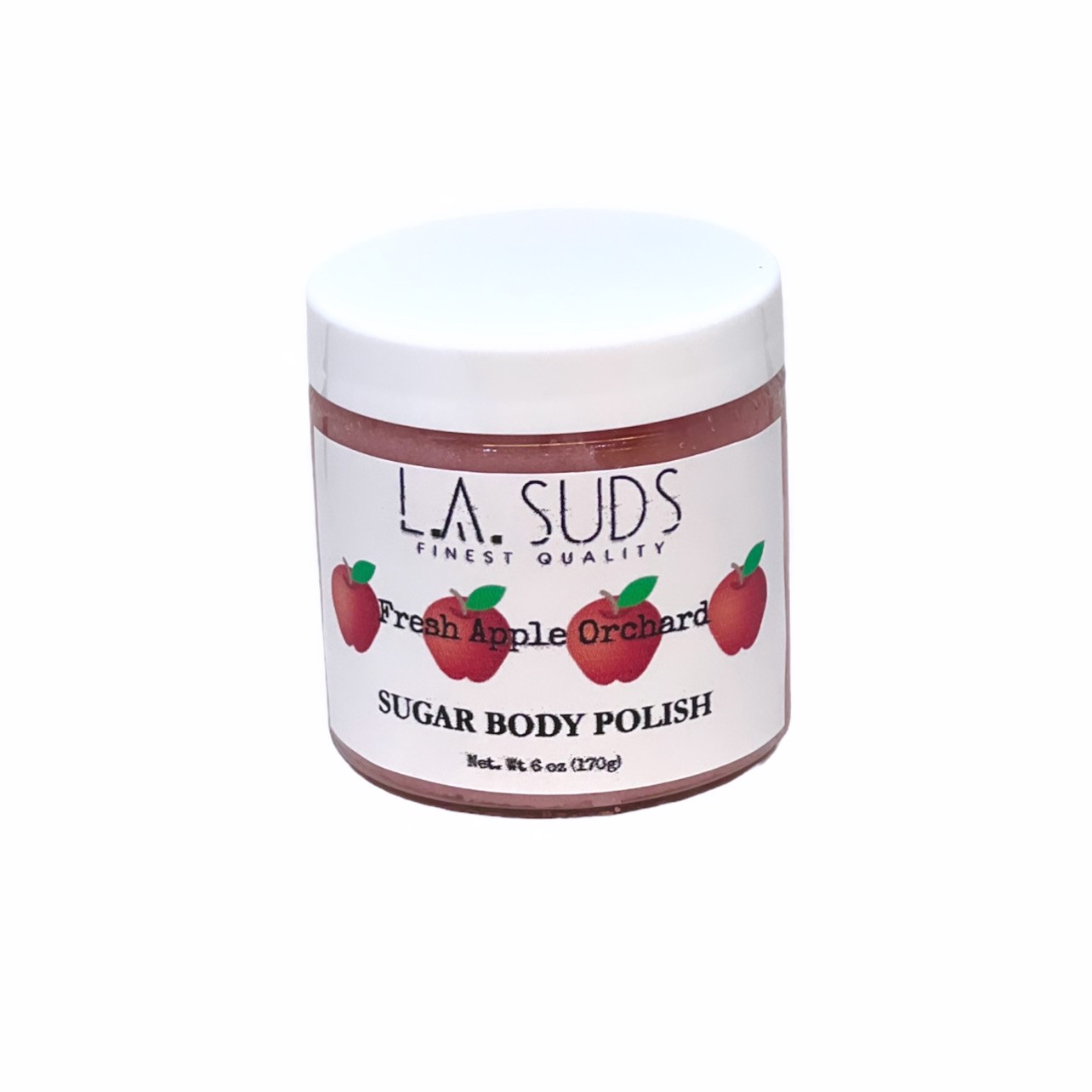 A jar of Shea Butter Body Sugar Scrub with Apple Orchard scent, showcasing its creamy texture and natural ingredients.