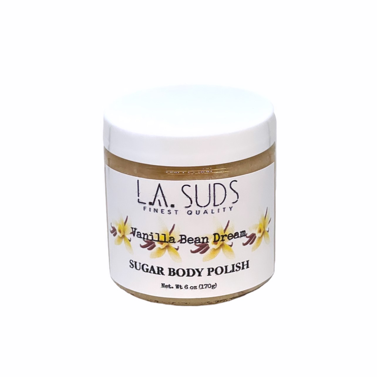 A jar of Shea Butter Body Sugar Scrub with Vanilla Bean Dream scent, showcasing its creamy texture and natural ingredients.