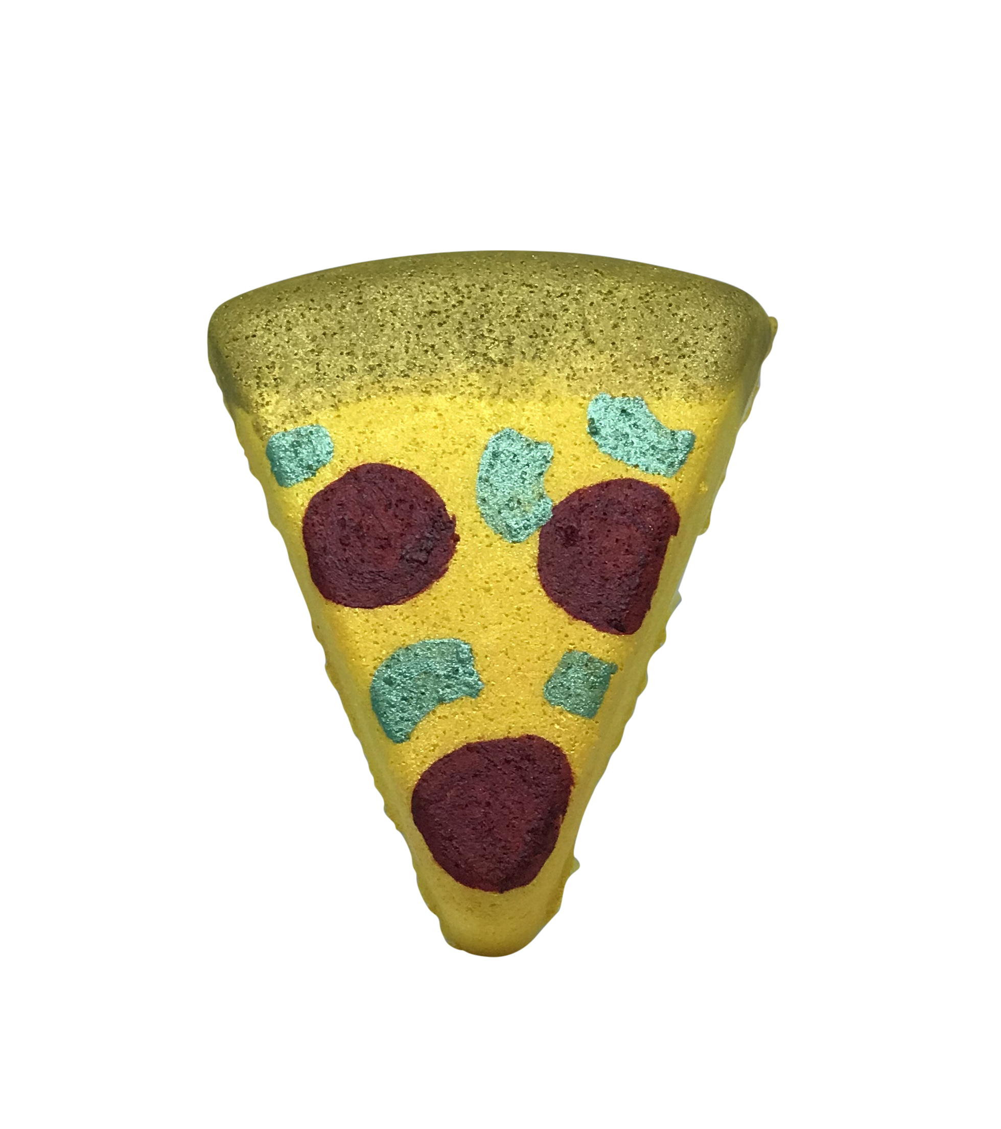 Slice, Slice, Baby! Pizza Bath Bomb in Cucumber Mint with handpainted pepperonis and peppers, showcasing vibrant colors and a fun design.