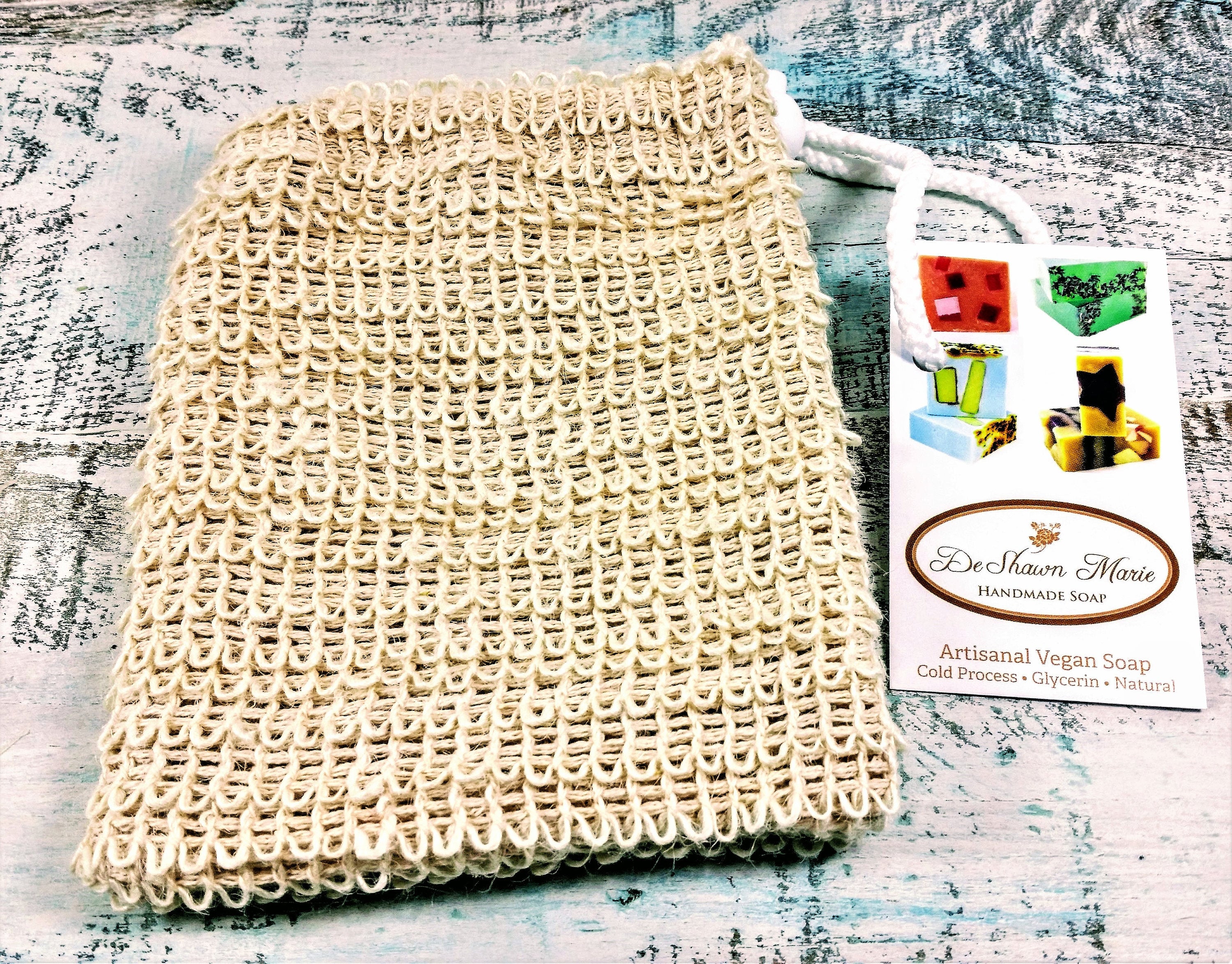 Natural sisal soap saver sack with drawstring, ideal for exfoliating and using leftover soap pieces.