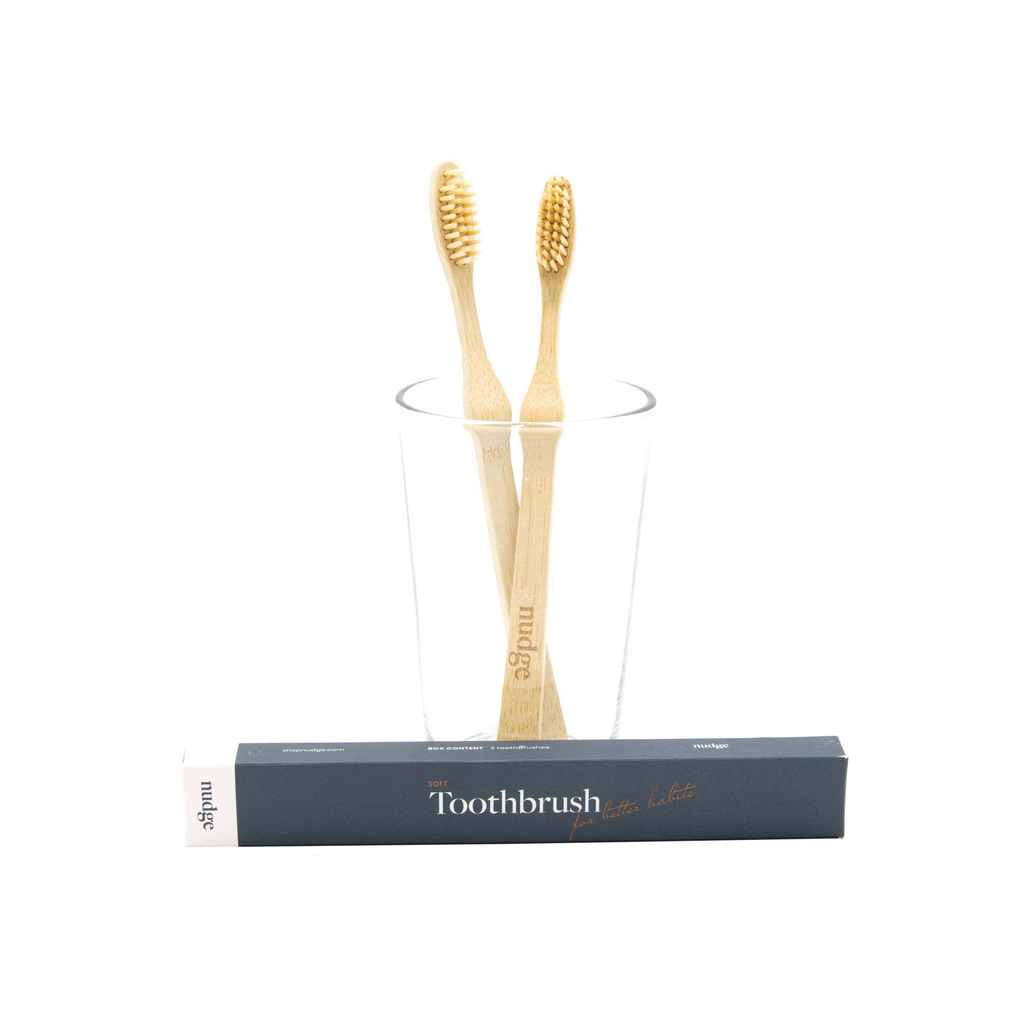 A pack of two soft bristles sustainable bamboo toothbrushes with a natural bamboo handle and soft bristles.