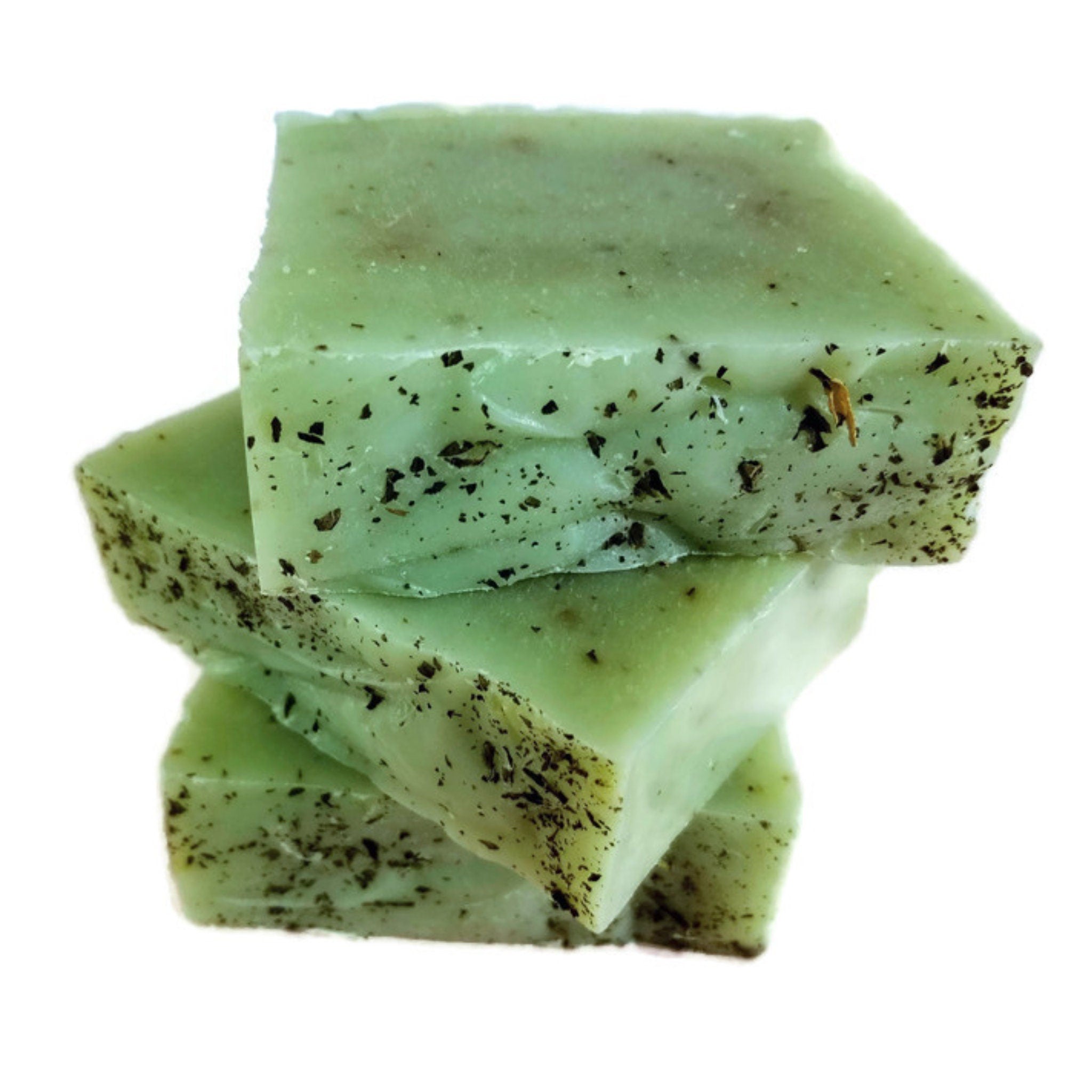 Spearmint Eucalyptus Soap bar with organic mint leaves, showcasing its vibrant green color and creamy texture.