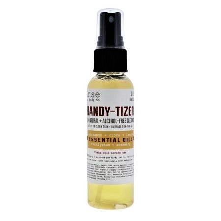 A 2 fl. oz. bottle of Special Thievery Blend Handy-tizer with a spray nozzle, featuring a blend of essential oils for natural cleaning.