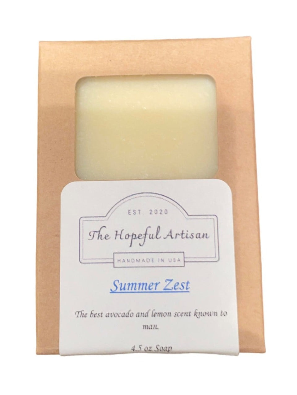 A vibrant bar of Summer Zest soap showcasing unique swirls and colors, made with natural oils and organic shea butter.