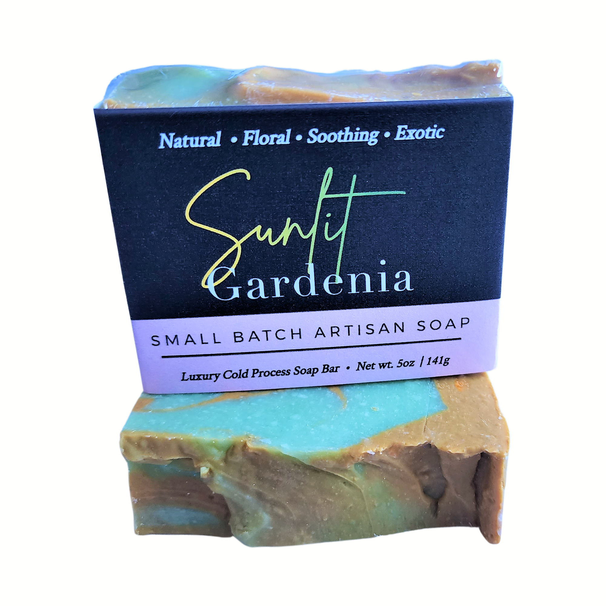 Sunlit Gardenia Soap bar with rich green, muted yellow, and white swirls, showcasing its handcrafted design and vibrant colors.