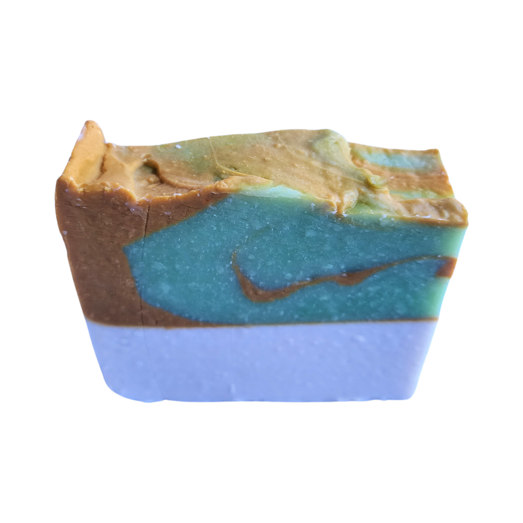 Sunlit Gardenia Soap bar with rich green, muted yellow, and white swirls, showcasing its handcrafted design and vibrant colors.