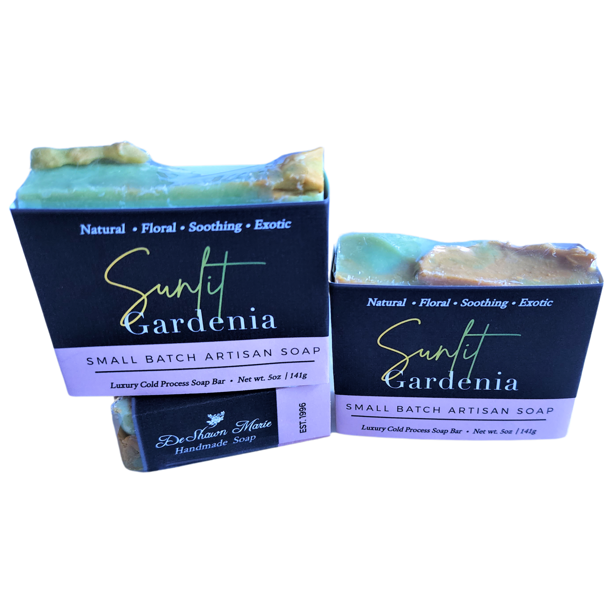 Sunlit Gardenia Soap bar with rich green, muted yellow, and white swirls, showcasing its handcrafted design and vibrant colors.