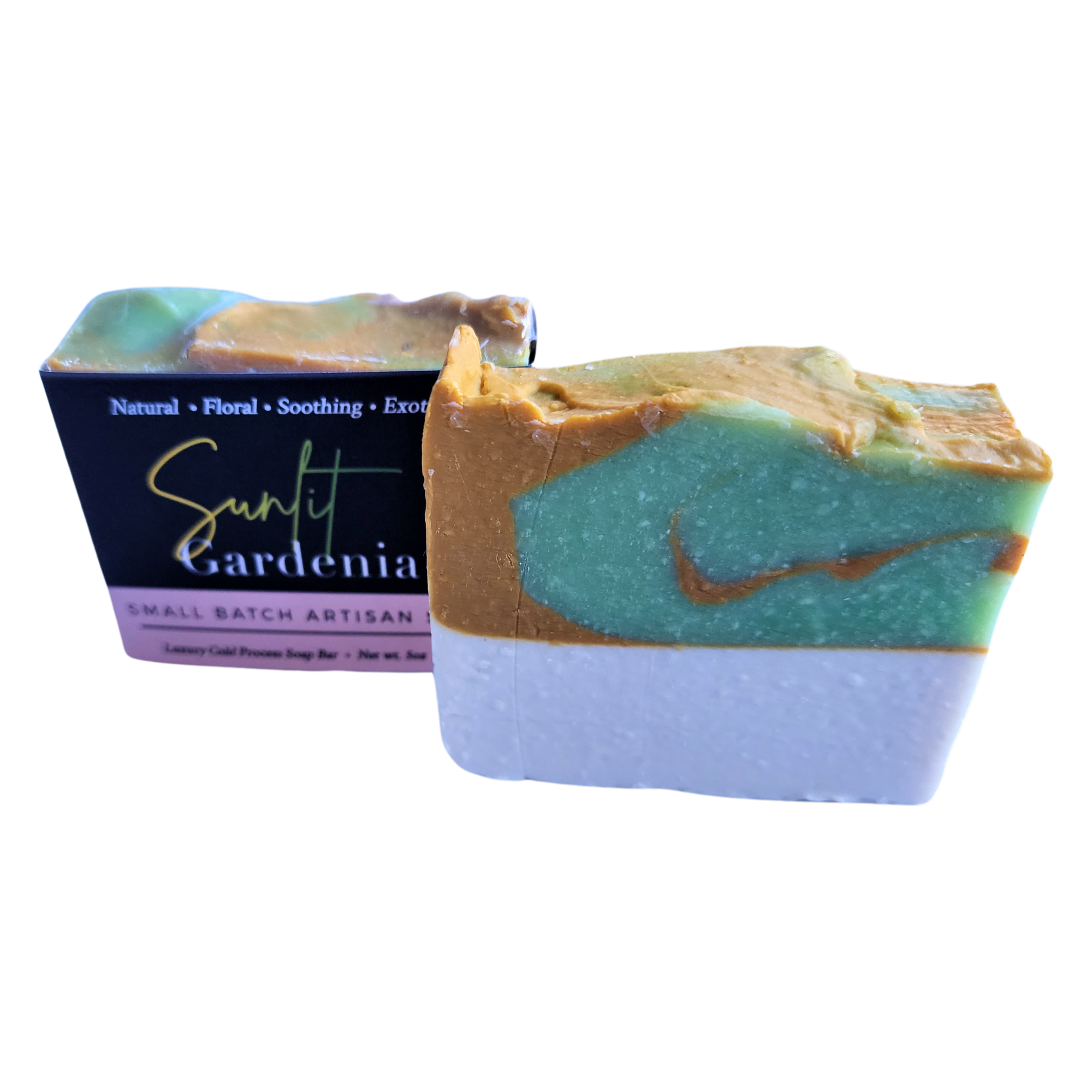 Sunlit Gardenia Soap bar with rich green, muted yellow, and white swirls, showcasing its handcrafted design and vibrant colors.