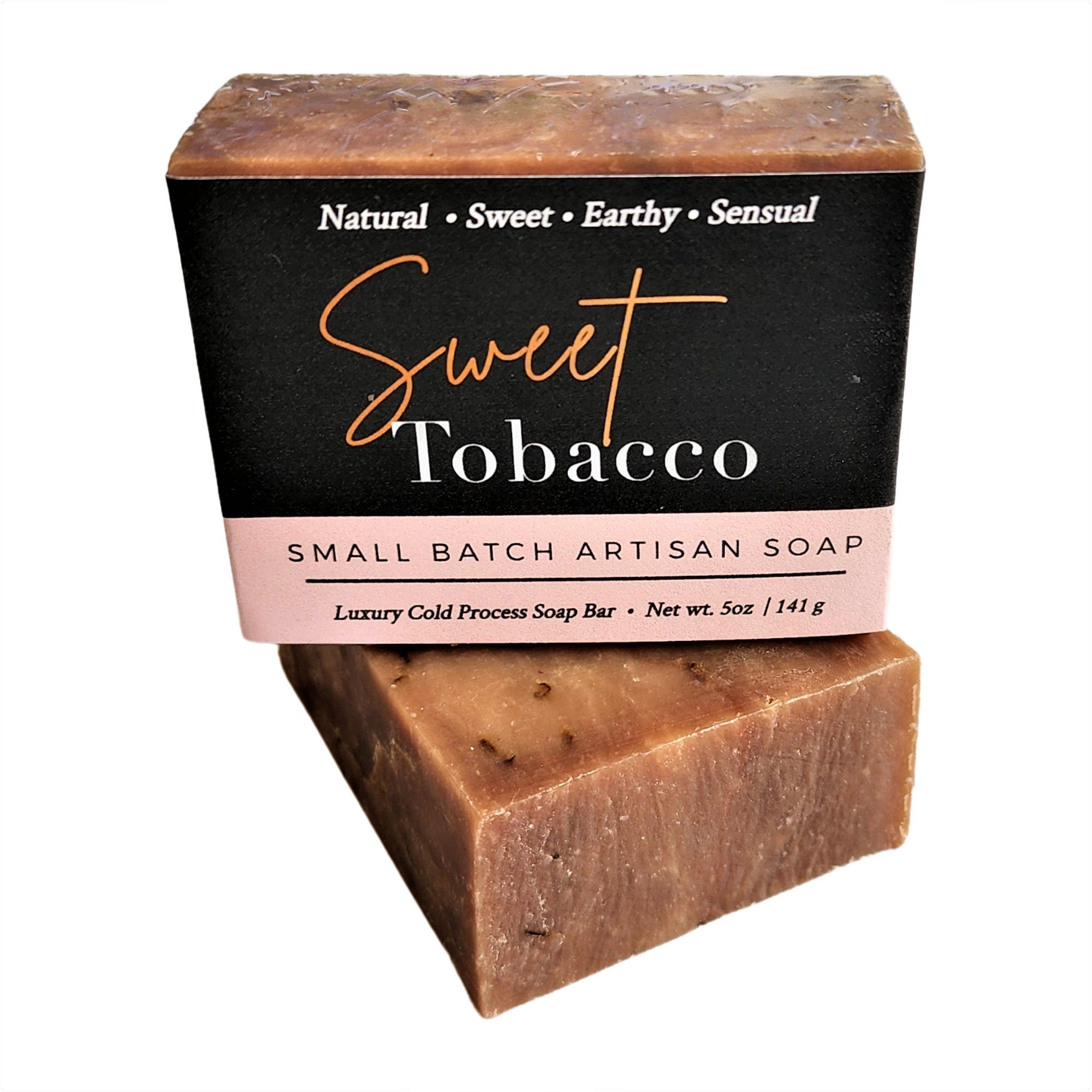 Sweet Tobacco Soap bar with a rich, alluring scent, handcrafted and vegan-friendly, displayed on a rustic wooden background.