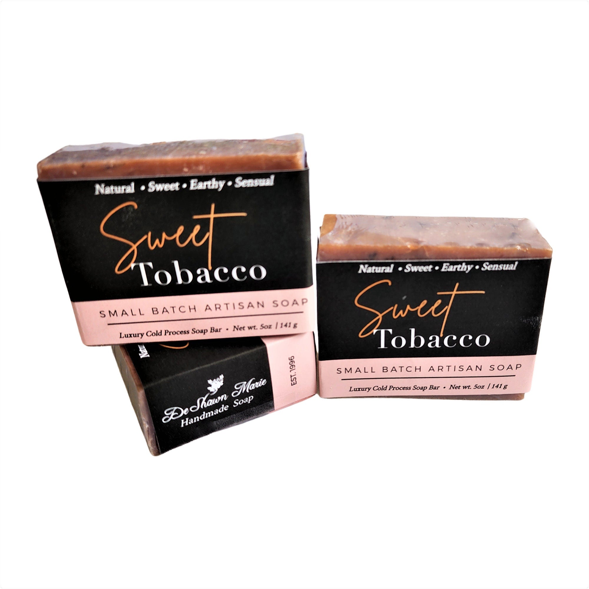 Sweet Tobacco Soap bar with a rich, alluring scent, handcrafted and vegan-friendly, displayed on a rustic wooden background.