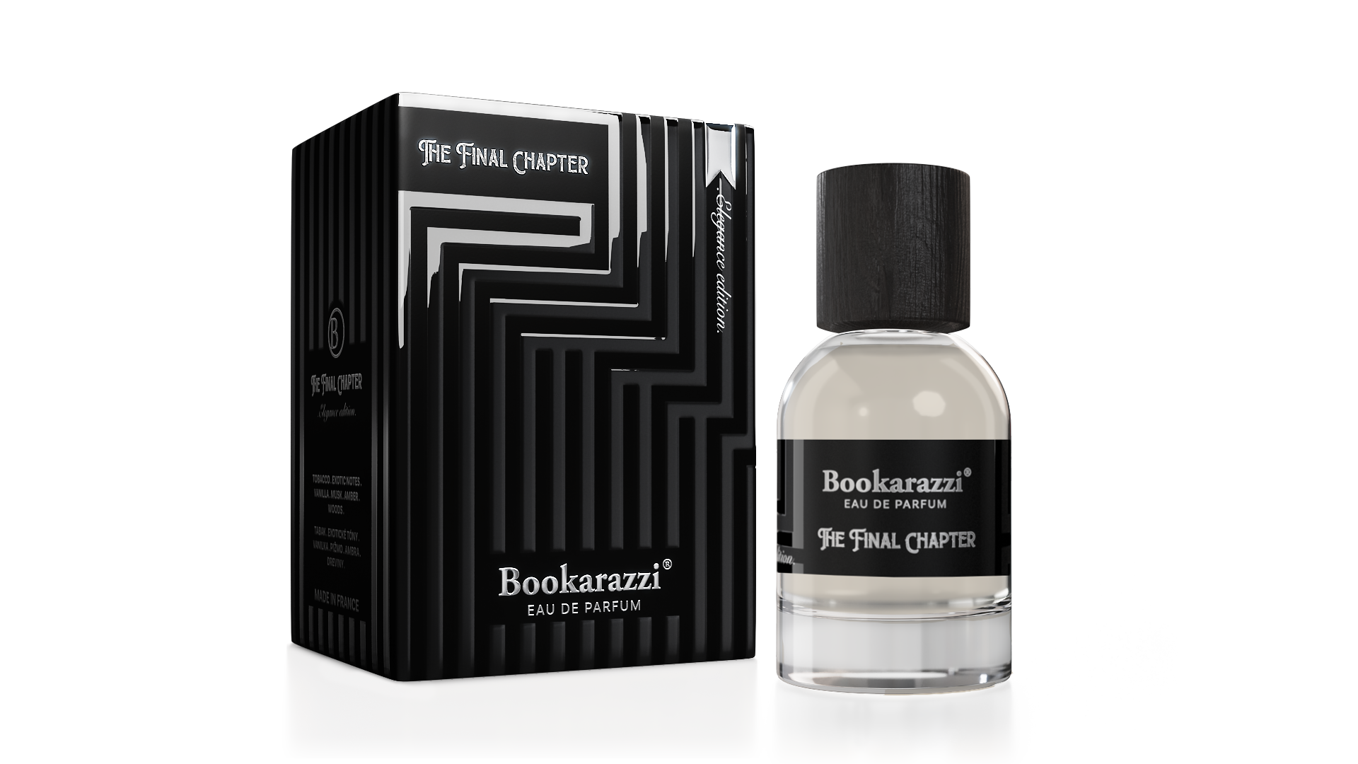 The Final Chapter unisex eau de parfum 50 ml bottle from Bookarazzi, showcasing an elegant design with a sophisticated fragrance blend.