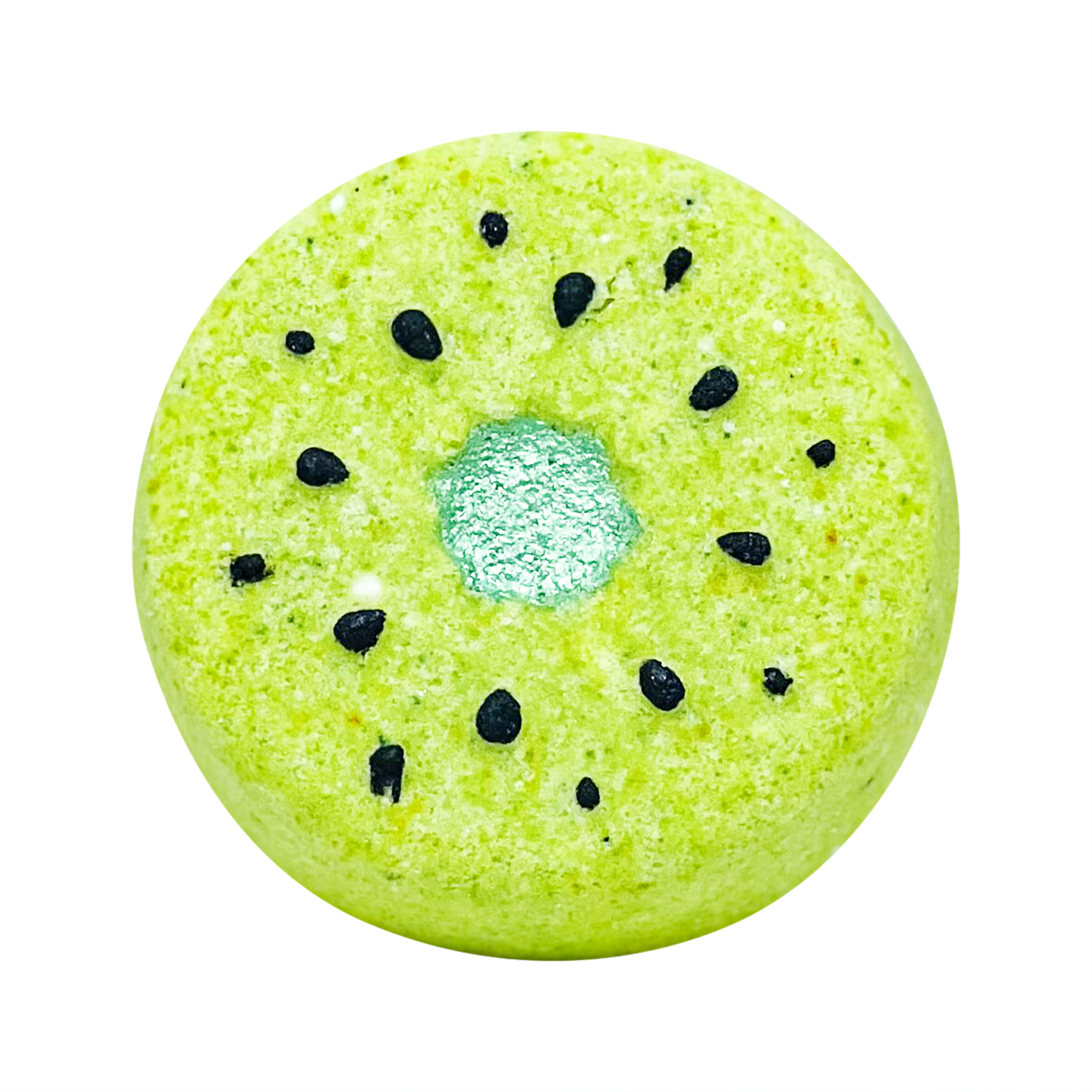 A vibrant lime green bath bomb shaped like a kiwi, surrounded by tropical fruits, showcasing its fruity scent and eco-friendly design.