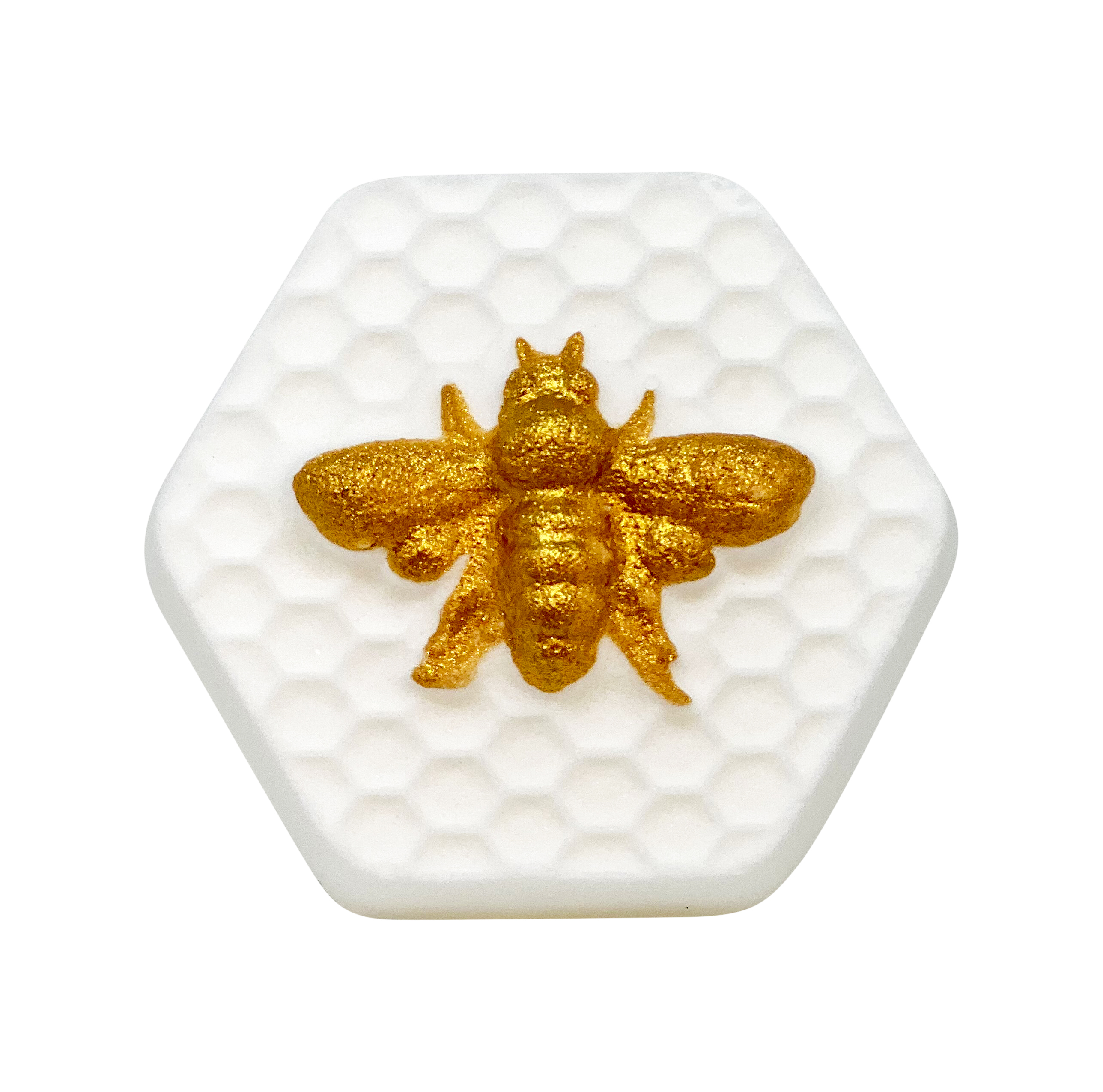 The Queen Bee Spring Bath Bomb featuring a gold hand-painted bee motif, surrounded by a soothing bath setting.