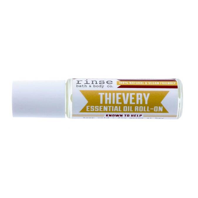 Thievery Essential Oil Roll-On featuring a blend of natural oils in a sleek roll-on bottle, perfect for health support.