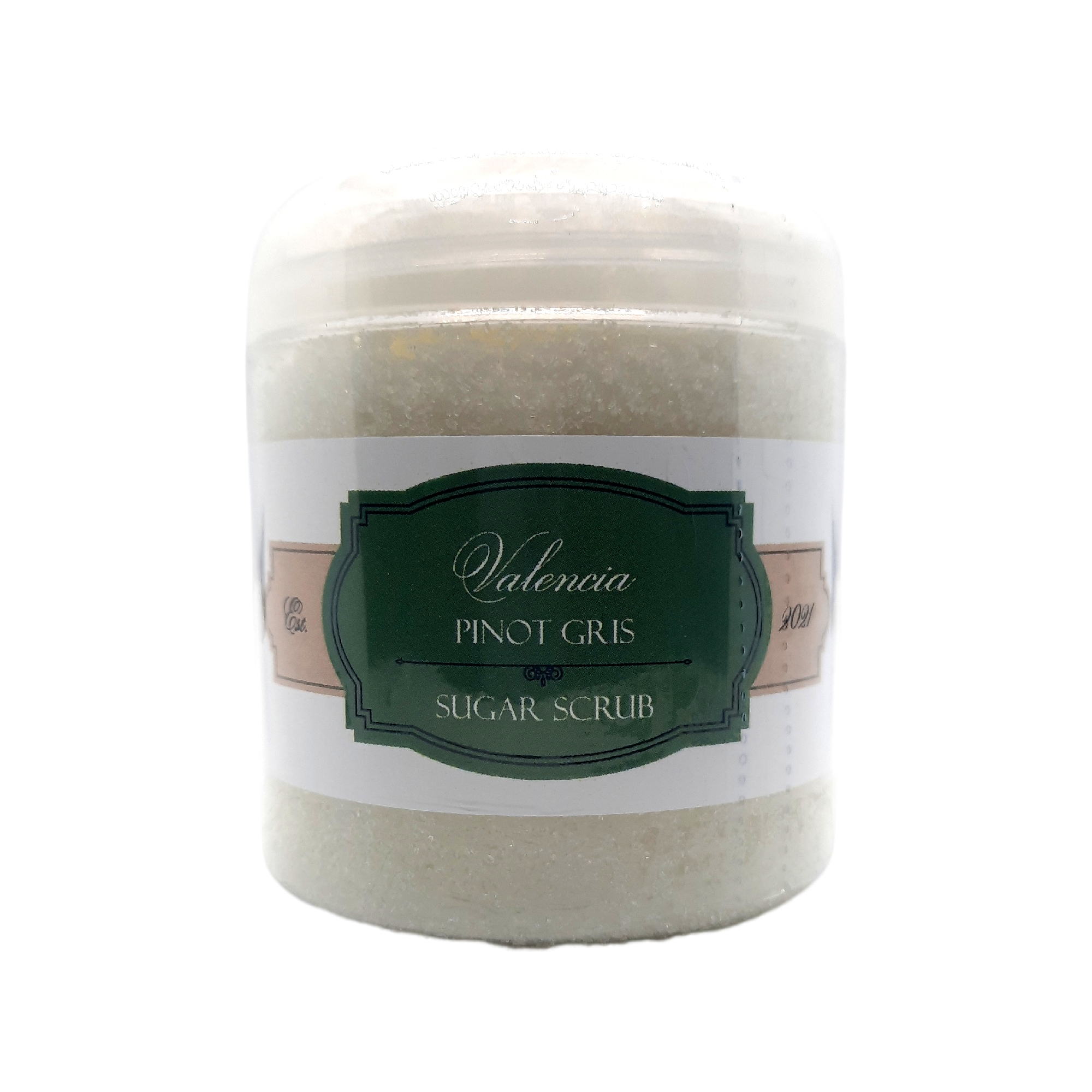 A jar of Valencia Pinot Gris Sugar Scrub with a refreshing citrus aroma, showcasing its natural ingredients and luxurious texture.