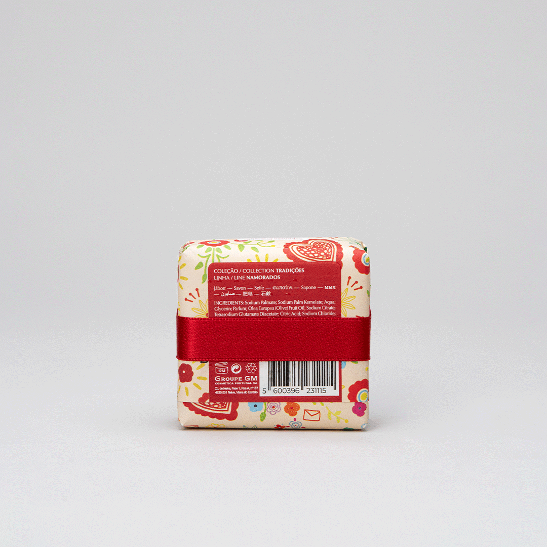 A beautifully wrapped Valentine's Soap bar with a heart design, enriched with olive oil, perfect for gifting.