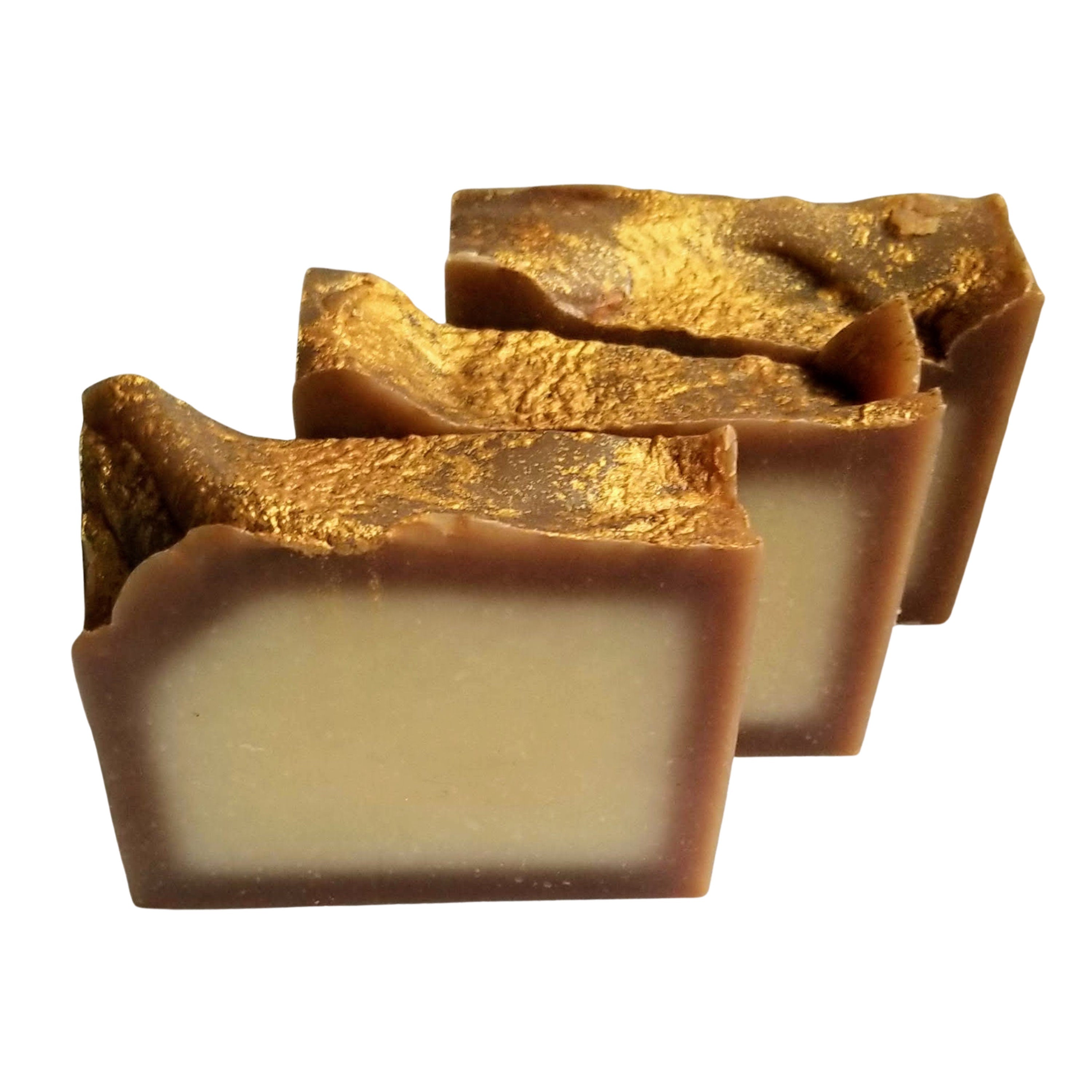 Vanilla Colada Handmade Soap with rich brown color and golden tones, beautifully wrapped and labeled.