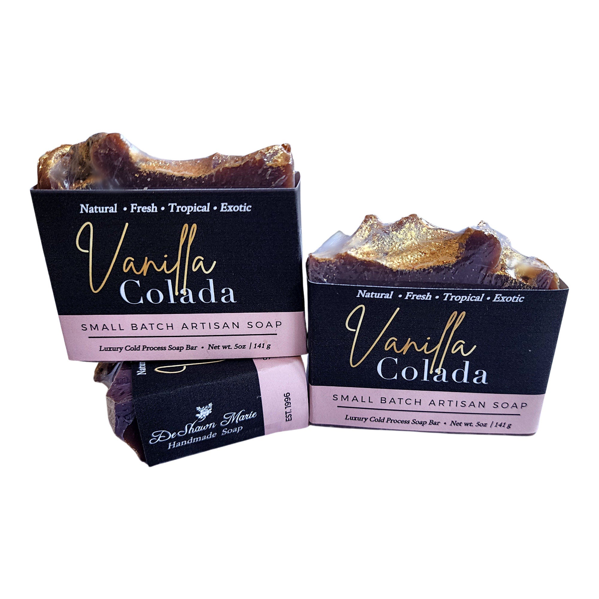 Vanilla Colada Handmade Soap with rich brown color and golden tones, beautifully wrapped and labeled.